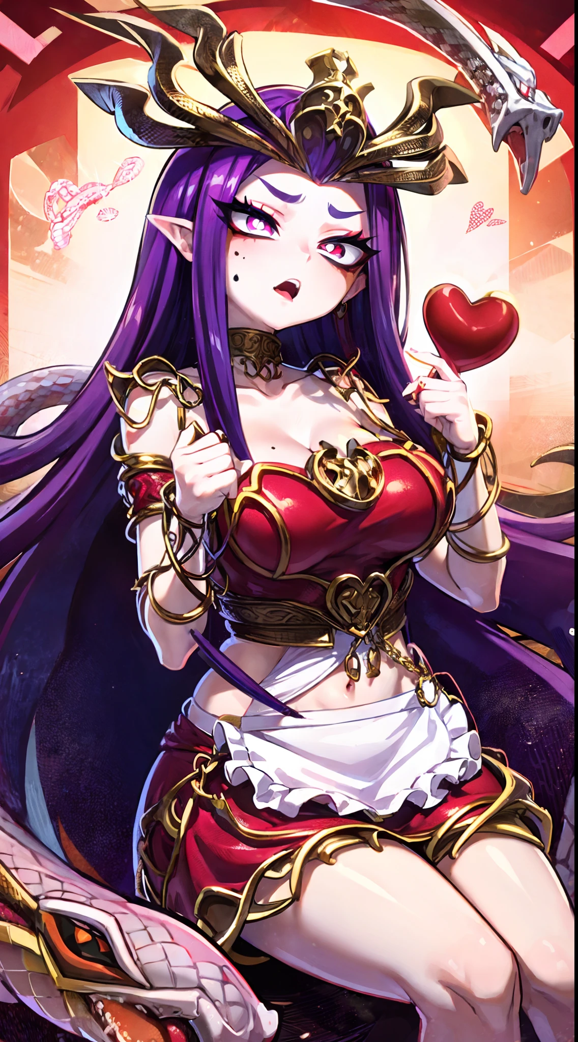 Medusa,(A white border around a red rectangular background:2.5),The body of the snake,aprons, D-cups,ahegao face,stooped,High detail,Moles under eyes, Heart-shaped pupils,Love pupils,cropped shoulders,Lots of hearts,Fleshy thighs,highly rendered,detailed face with