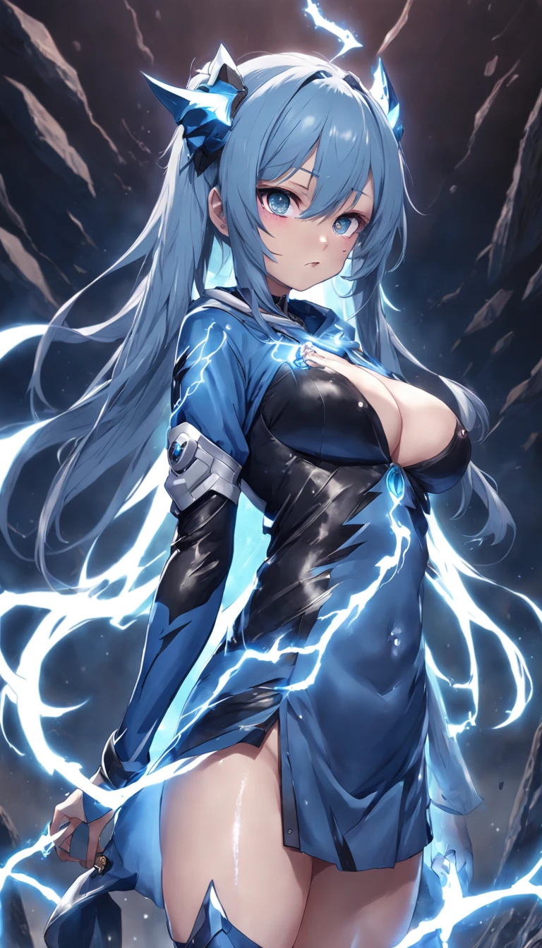 tmasterpiece,top-quality,blue hairs,blue lightning,realisticlying,realistic detail,high detal。blue thunder。Blue crystal。Black suspended particles。Black smoke。It is surrounded by black crystals。Black smoke wafts around。darkly。Omiyoshi Ouchi。laughingly。short hair。 1个Giant Breast Girl,big breasts beautiful,alluring face,,anicos_No 1,,long whitr hair,nabel,Hoodie 。middlebreast,Long feather clips,blue hair ornament,thigh height,isekai,mini-skirts,Ouchi Yami。seductiv。Brain killing。a sexy pose。pigtails。she opened her mouth。Tattooed with。She stuck out her tongue。She was dripping with saliva。Long speed。Long tongue。Luminescent tattoo。Luminescent tattoo。closing her eyes。long eyelasher。