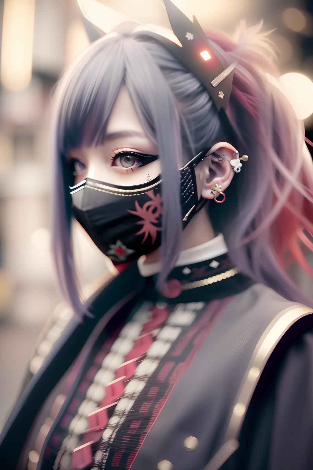 red、Red-haired、goth_punk, 1girl in, 独奏, medium shot, Walking in Harajuku, ((during night)), bokeh dof, Neon light, Iridescent eyes, starrysky, red glowing hair, White eyebrows, Radiant hair, (iridescent white hair), 耳Nipple Ring, bangss, jewely, masks, bluntbangs, verd s eyes, Mouth mask, blurry backround, bblurry, hair adornments, Look at viewers, shorth hair, portraitures, side locks