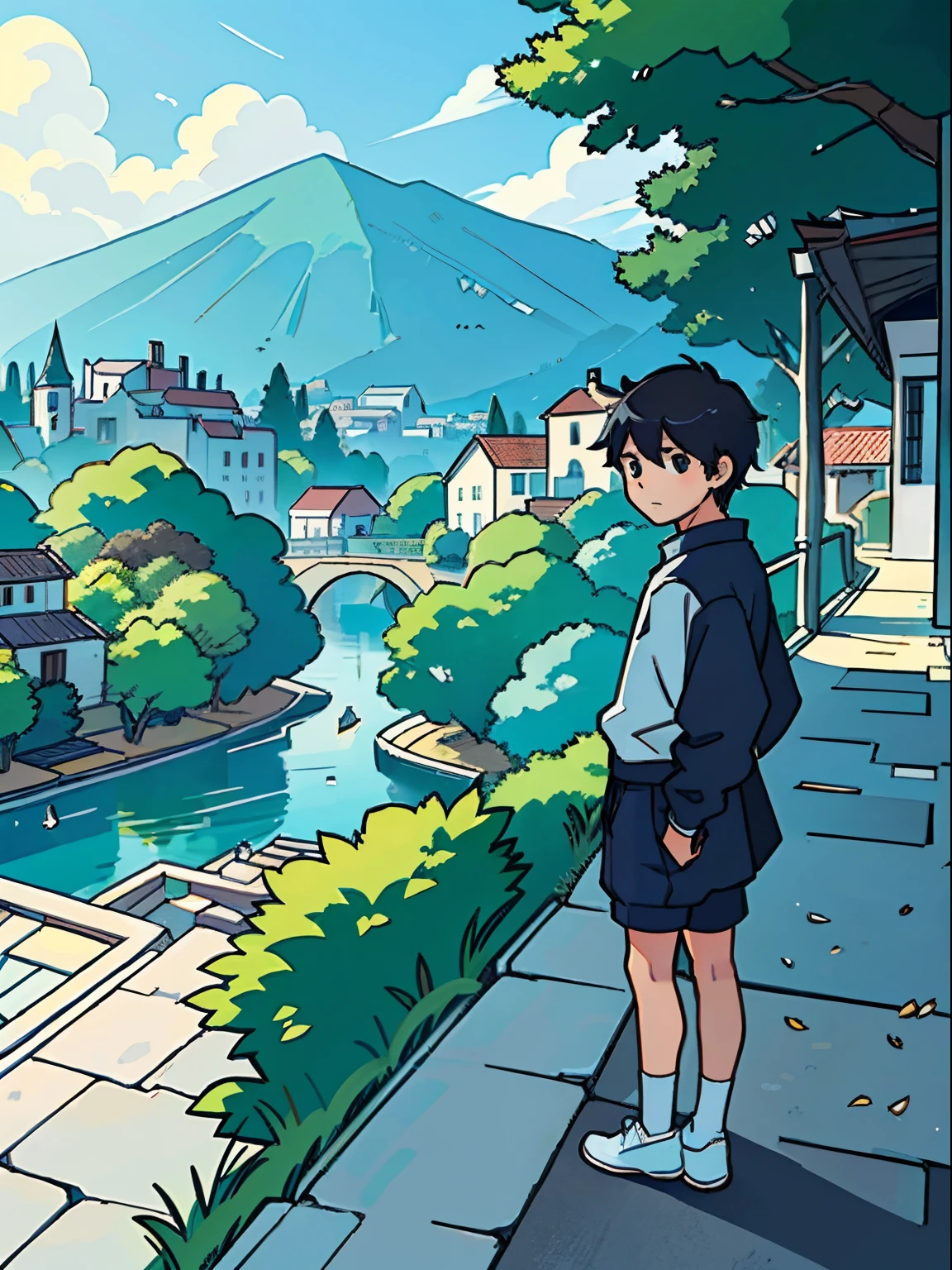 （best qualtiy：0.8），（best qualtiy：0.8），Perfect anime illustration，A boy with，，Look towards the villa，in a panoramic view