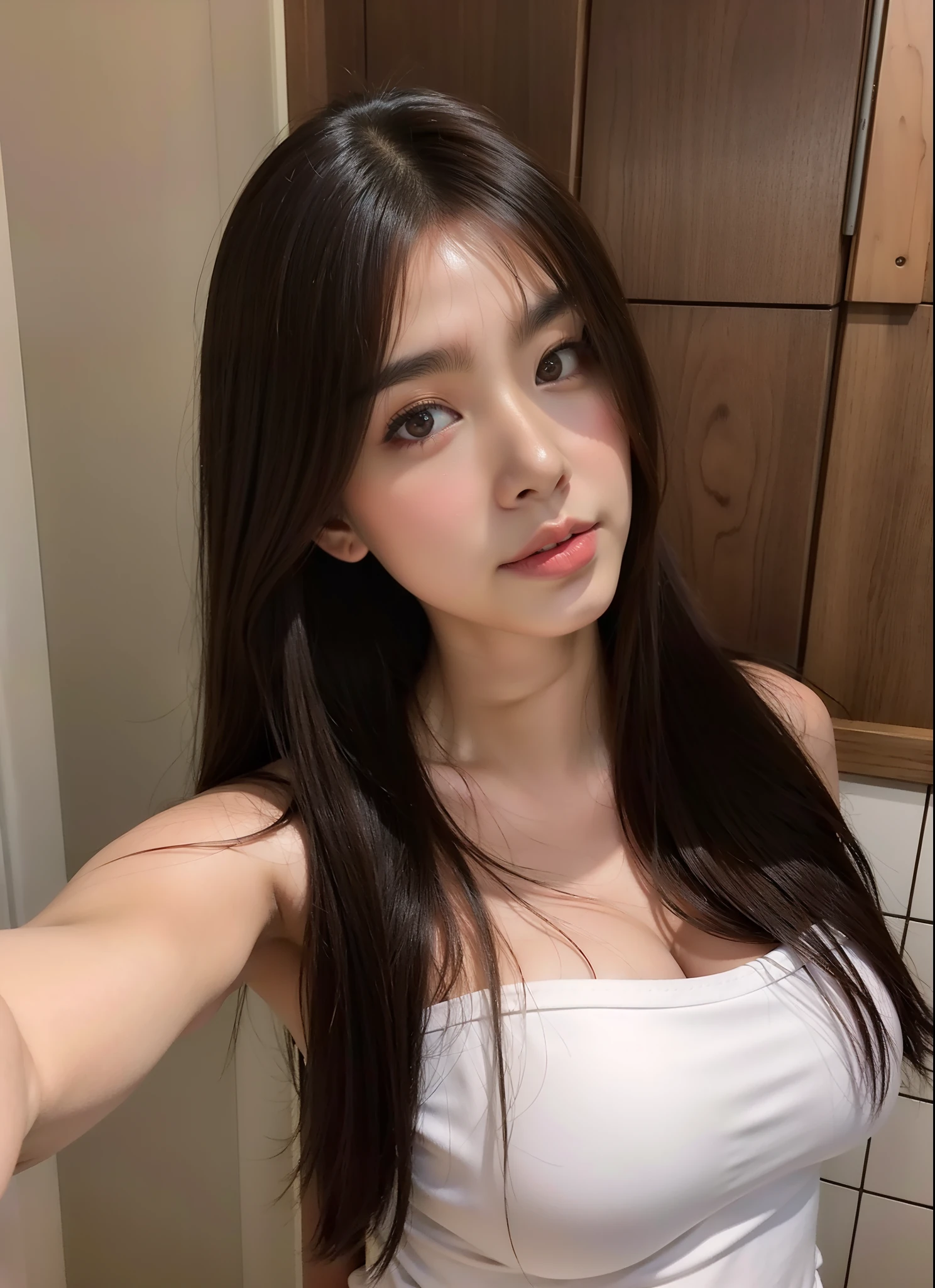 There was a woman wearing a white shirt posing for a photo., anime thai girl, korean girl, age is 18 years old, young cute wan asian face, girl cute-fine-face, beautiful south korean woman, young and cute girl, with cute - fine - face, 2 2 years old, ChineseGirl, 19-year-old girl, beautiful Korean girl,  ((Huge Breasts)),