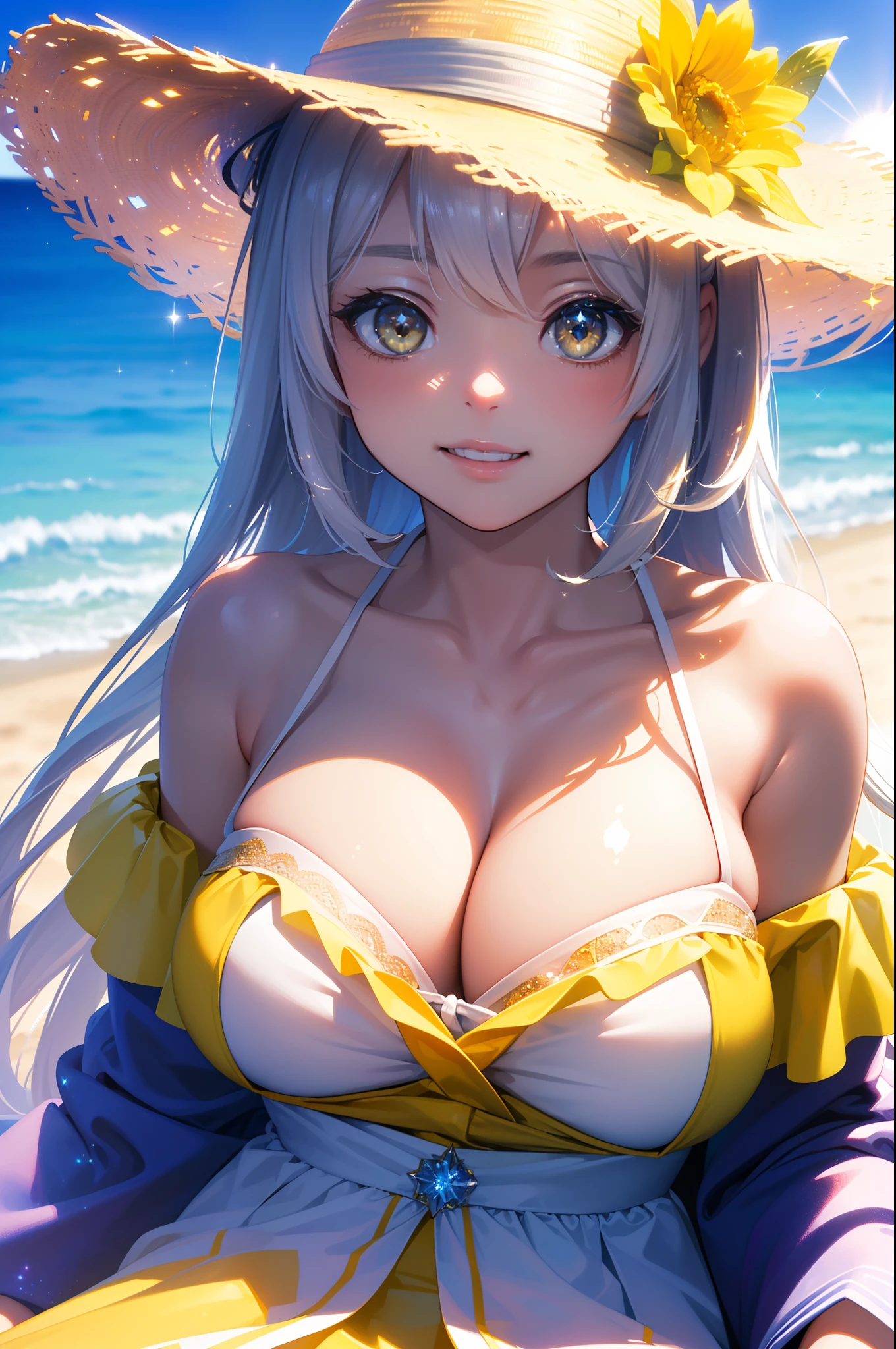 (Masterpiece), (best quality, close-up of 1 cute girl, (happy smiling face), (sitting on the summer beach), (looking back to the viewer), close-up,upper body, (big yellow crystal eyes), (long silver shining waved waved hair), wearing bikini, putting a large straw hat, (reasonable design, Clear lines, High sharpness,Best quality, Very detailed, Masterpiece, movie light effect, 8K ), summer air, (3D), colorful, sparkle and brilliant sun light ray dropping, twinkle, happy,