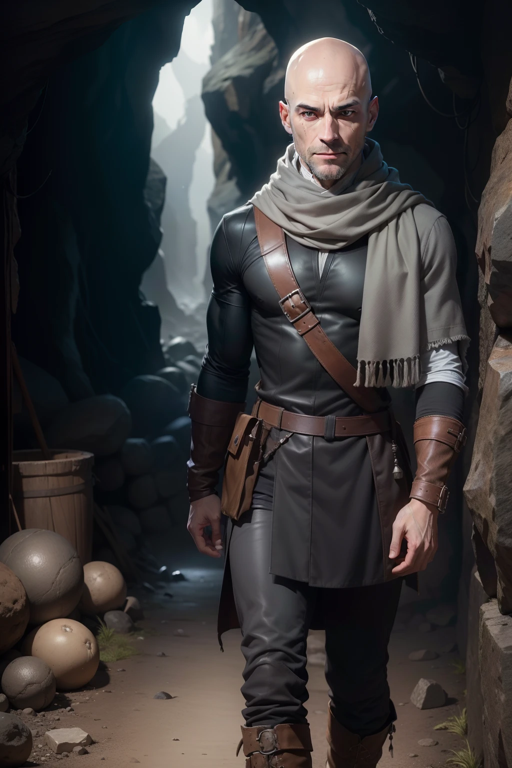 (RAW photo, 4k, masterpiece, very high resolution, extremely complex) (realistic: 1.4), cinematic lighting, (((a male character))), focus alone, cave, fallen treasures around, medieval \ (Style \ ), (best quality), (high), (heavy gray scarf), (8k smile), (gray eyes), (ULZZANG-6500:1.0), (alone), (bald), (spectators), (no mask) ,look,(side),(scar on both eyes),,((speed)),(reality),male character, gray eyes: 2:4, bald, white marks on face horizontally across forehead, heavy gray scarf, rogue outfit, sly smile, black boots. in a cave with scattered treasures