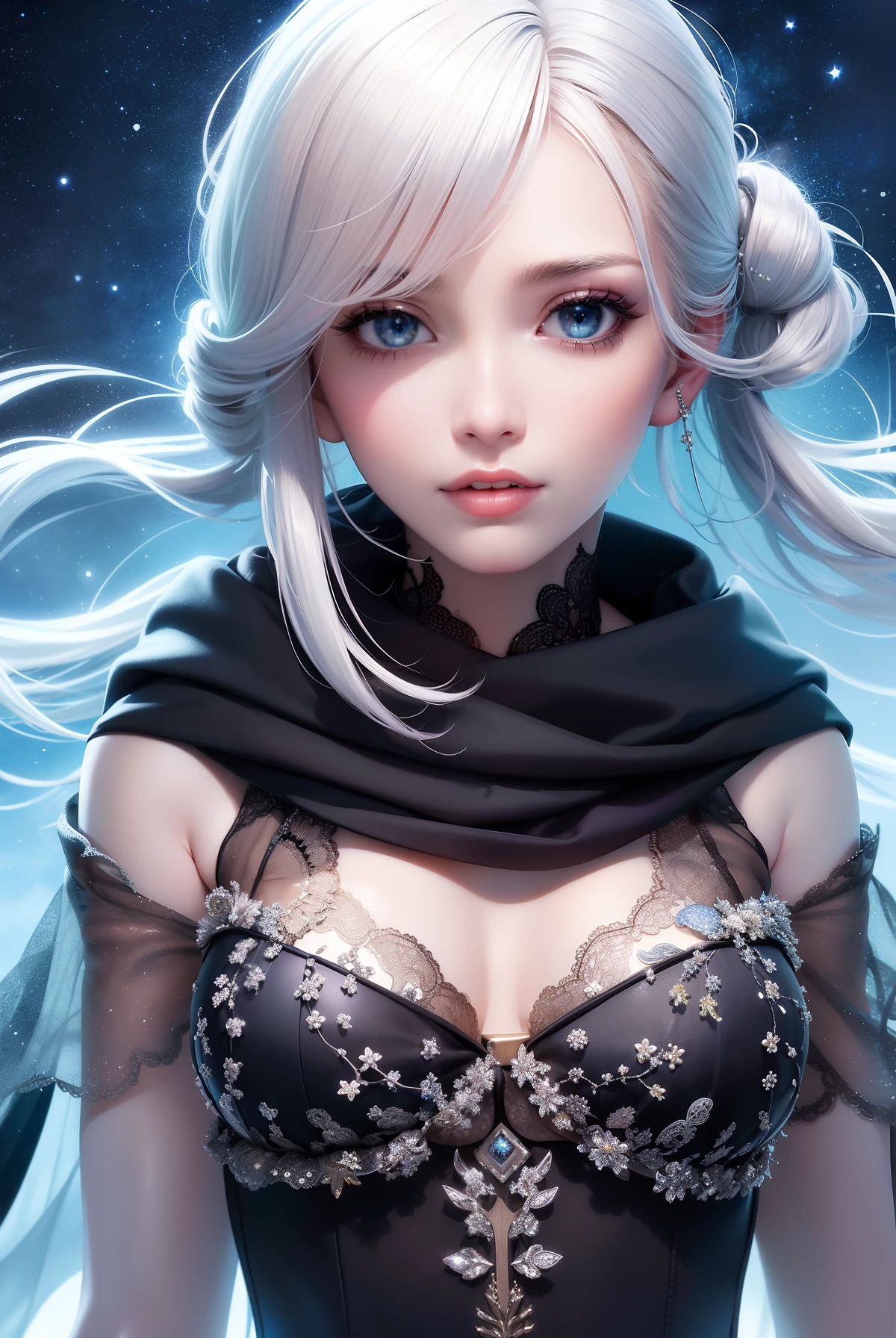 Masterpiece, (Best Quality: 1.2), (Super Fine: 1.2), Illustration, (Extremely Delicate and Beautiful: 1.2), Film Angle, Floating, (Beautiful Detail Eye: 1.1), (Detail Light: 1.1), Film Lights, Delicate Sky, Woman, White Hair, Blue Eyes, (High Ponytail: 1.1), Cloak, Glowing Eyes, (Moon: 1.2), (Moonlight: 1.1), Starry Sky, (Light Particles: 1.1), Fog , snow painting, sketching, blooming