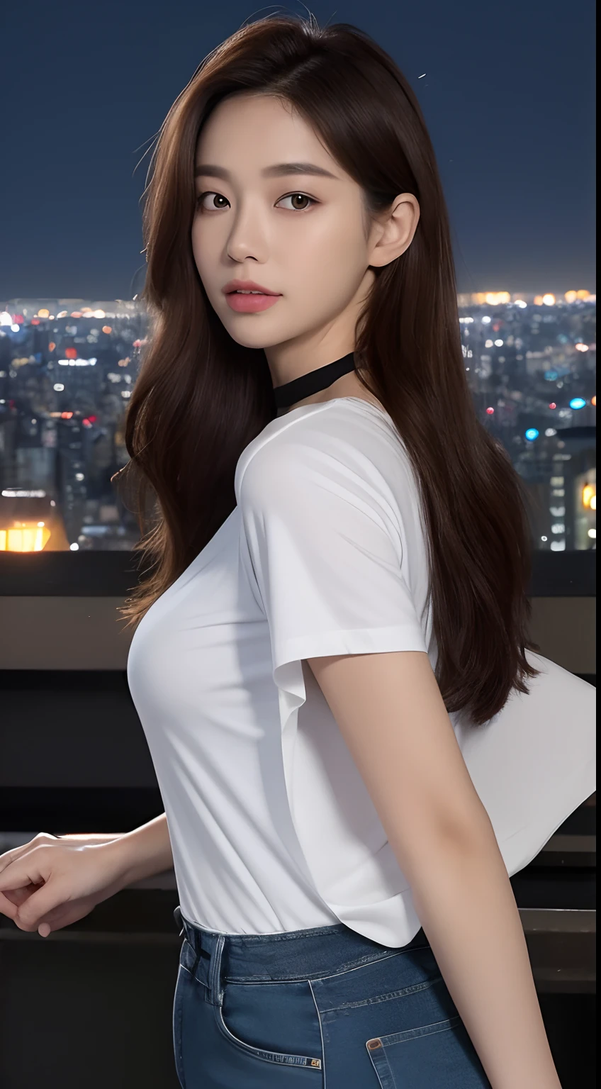 ((Midnight, Best quality, 8k, Masterpiece :1.3)), Whole body, Long legs, Sharp focus :1.2, A pretty woman with perfect figure :1.4, Slender abs :1.1, ((Dark brown hair, Big breasts :1.2)), (White tight tshirt, Jean bib, Standing:1.2), ((Night city view, Rooftop:1.3)), Highly detailed face and skin texture, Detailed eyes, Double eyelid