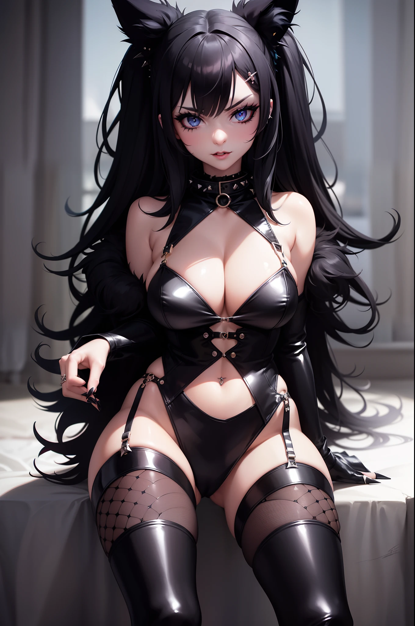 (Furry goth girl) with a seductive gaze, showcasing intricate fur patterns on her face and captivating eyes, smooth legs, high heels. She confidently wears a spiked collar and embraces her dominatrix persona in a revealing cosplay outfit, exposed cleavage exposed navel. Ear piercings complement her overall daring look.