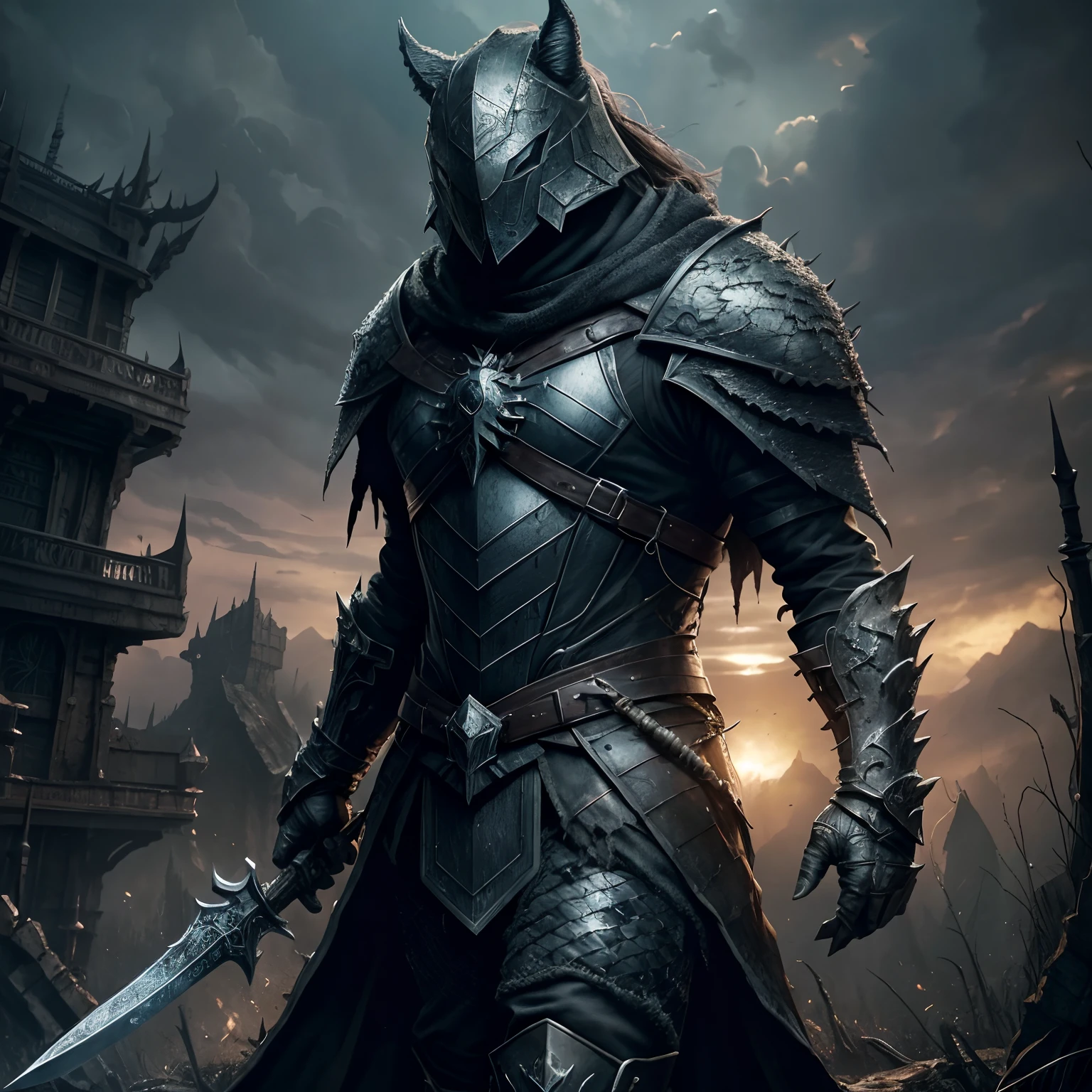 Create a terrible scarecrow, Evil-looking weirdos, Black python robe, web, Spider on armor, Holding a black blade in his hand, fantasy, Dramatic photo, dynamic photo, Full body view,  model poses, Blurred background, Highly detailed, Ultra-realistic, 8K, (Realistic:1.3), poster for, Intricate details, Painting \(artwork of a\), ((Masterpiece,Best quality)), ((Cinematic light)), hyperealistics, fearsome, Dark fantasy \(Style\), Detailed armor, Detailed giant wolf helmet,  Terrible, Scary, Ugly, mutations, Mouth on the stomach, (dark shot:1.17), epic realistic, Faded, (hdr:1.5), (pastel colour:1.2), ultra - detailed, (art  stations:1.5), Cinematic, warm lights, Dramaticlight, (Intricate details:1.1), the complex background, (rootkowski:0.8), (Teal and orange:0.4)