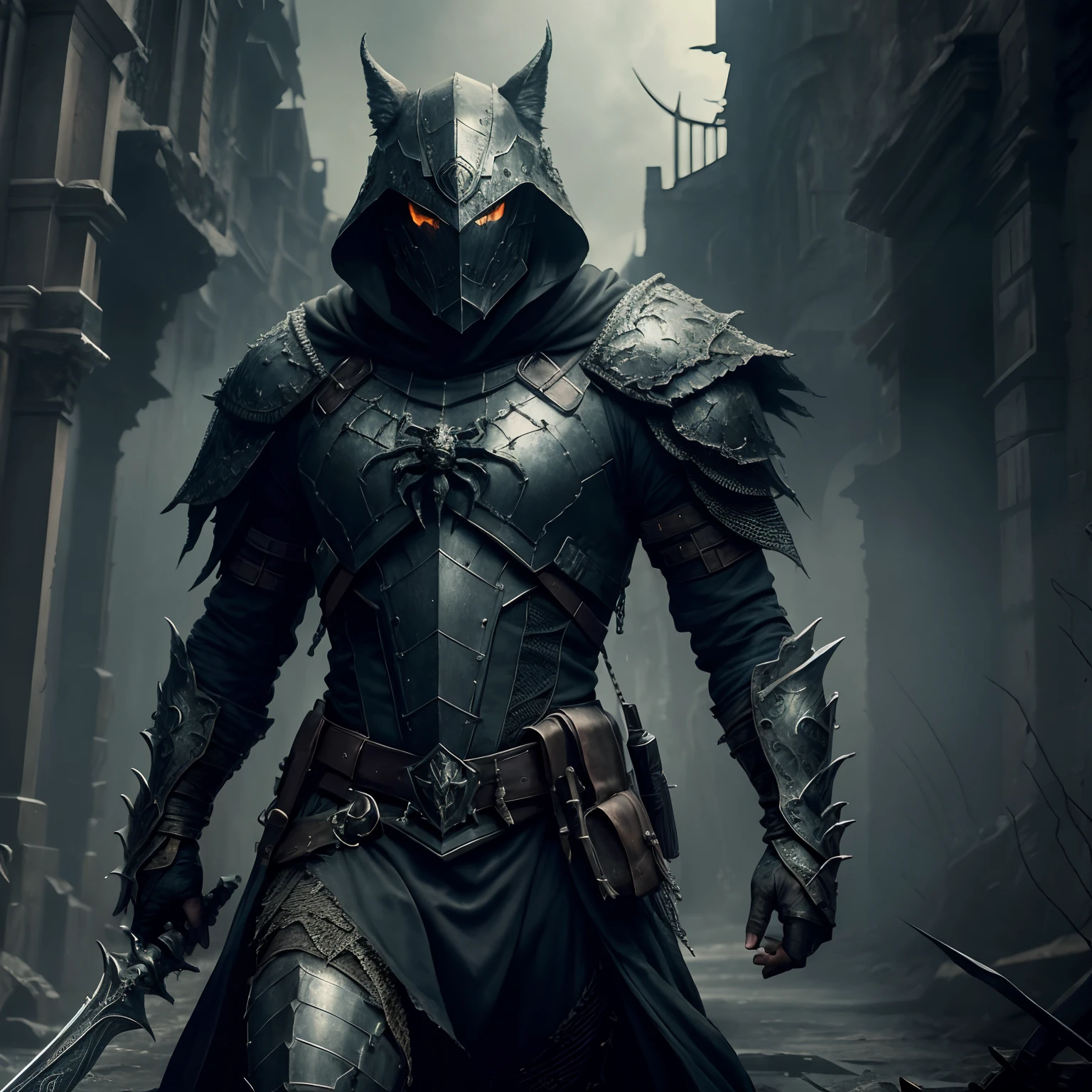Create a terrible scarecrow, Evil-looking weirdos, Black python robe, web, Spider on armor, Holding a black blade in his hand, fantasy, Dramatic photo, dynamic photo, Full body view, model poses, Blurred background, Highly detailed, Ultra-realistic, 8K, (Realistic:1.3), poster for, Intricate details, Painting \(artwork of a\), ((Masterpiece,Best quality)), ((Cinematic light)), hyperealistics, fearsome, Dark fantasy \(Style\), Detailed armor, Detailed giant wolf helmet, Terrible, Scary, Ugly, mutations, Mouth on the stomach, (dark shot:1.17), epic realistic, Faded, (hdr:1.5), (pastel colour:1.2), ultra - detailed, (art stations:1.5), Cinematic, warm lights, Dramaticlight, (Intricate details:1.1), the complex background, (rootkowski:0.8), (Teal and orange:0.4)
