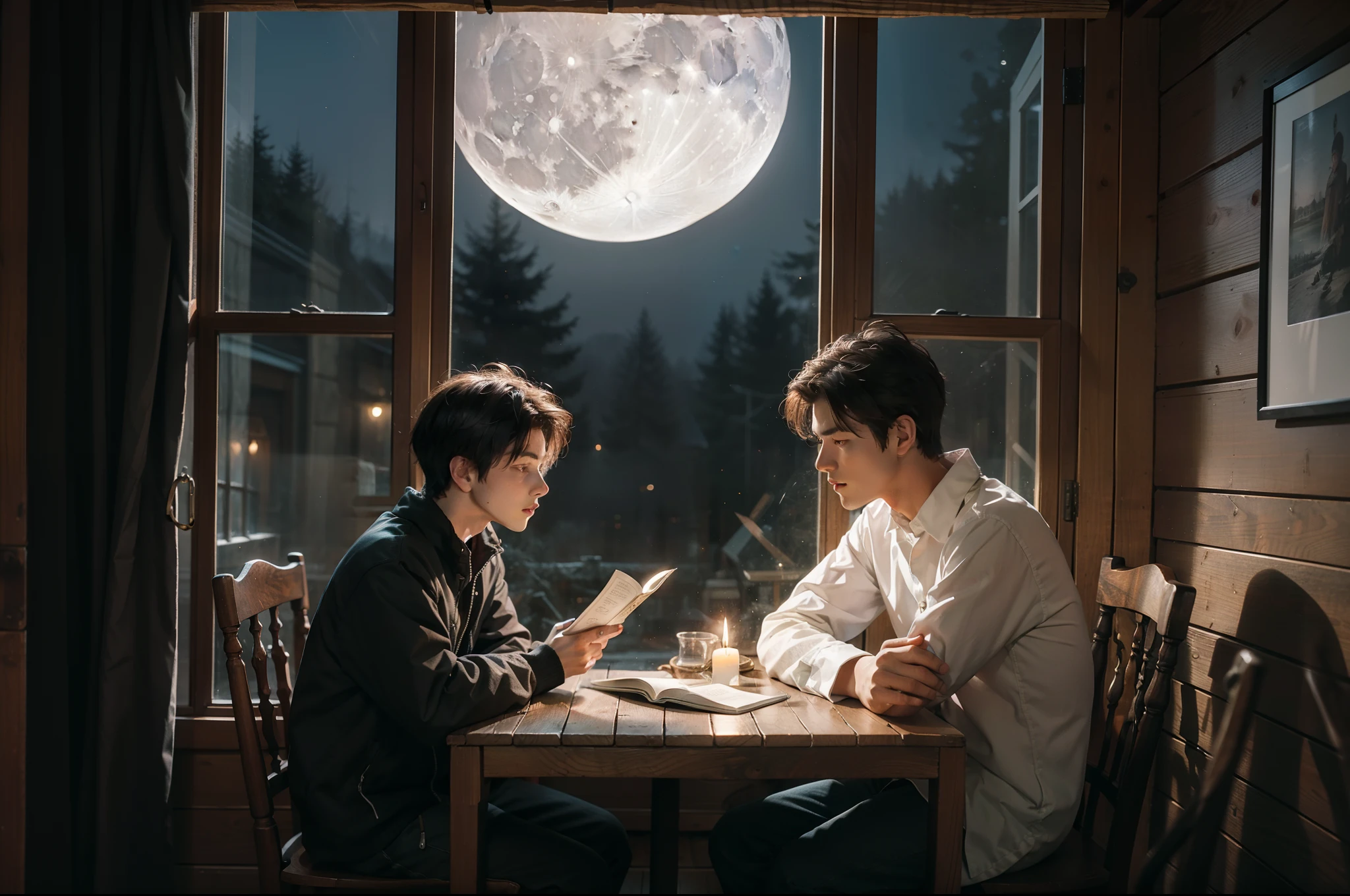 A boy in a dark wood cabin, sitting at the table, dressed with XXVIII clothing, reading a book, illuminted only by two candles. Through the window the moon is visible. Nightime. Photorealistic.