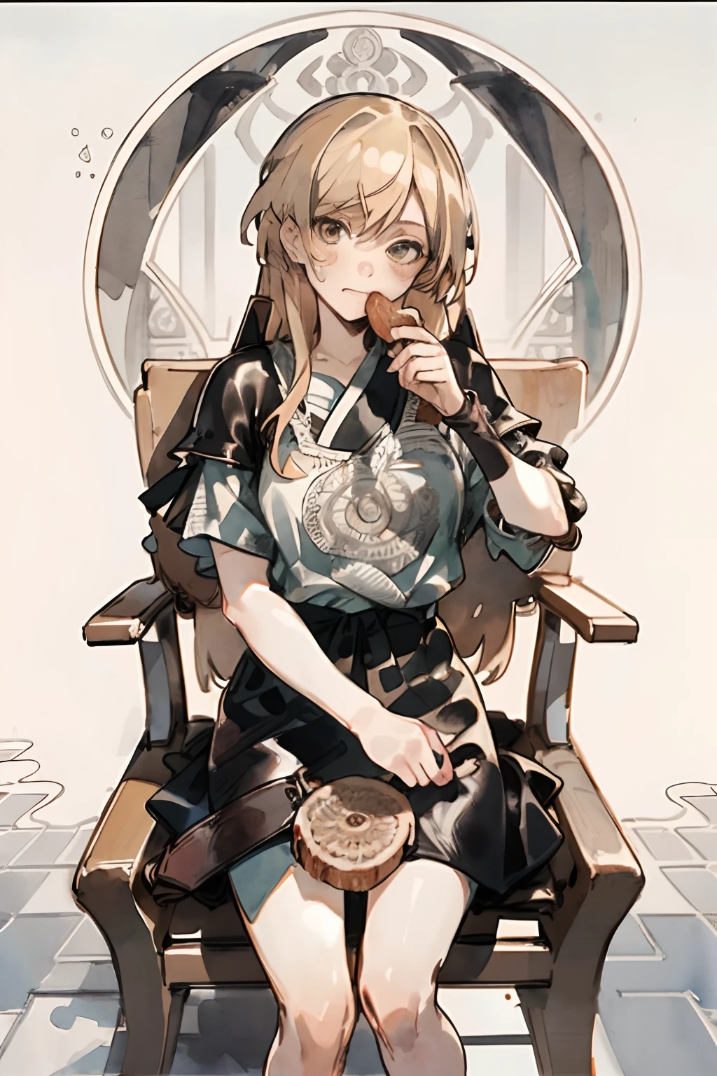 Girl with blonde hair and freckles,Girl sitting on a chair eating meat,Looking at the camera,1girl in,Blonde hair,Side tail,offcial art,Unity 8k壁纸,ultra-detailliert,Beautiful and aesthetic,masutepiece,top-quality,(Zentangle,mandalas,Tangle,Entangle),dynamic ungle,cowboyshot,Timost Beautiful Chaos Formo,Elegant,Abralist Design,vivd colour,romanticism,watercolor paiting,Wearing leather armor,Dressing