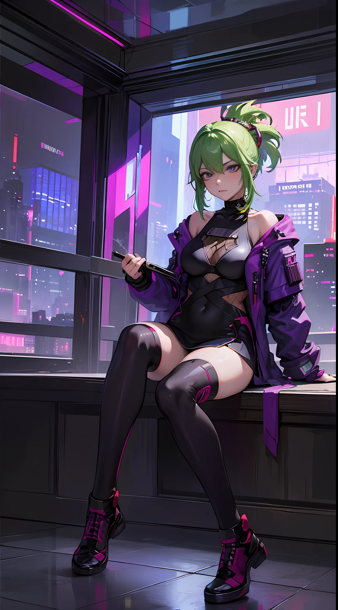 best picture quality, masterpiece, ultra-high resolution, (fidelity:1.4), Photograph, Skin, ((Cyberpunk characters)), Cyber Series, future, ((ultra realistic, awarded photograph)),(hyper-detail),(intricate detailed),(8k high resolution CGI artwork),A woman in,The cyberpunk living room of the future/bedroom/kitchen/balcony,Cyberpunk Urban Landscape Details。Style of the future,Available in many colors and LED lights........。The cityscape should be very detailed........,deep depth of field。Create depth with atmospheric light,Wide-angle lens showing room and window。Use atmospheric and volumetric lighting to enhance cityscape details........。The room should be illuminated with neon lights of the city scenery........, Textured pastel backgrounds, colourful, vibrant