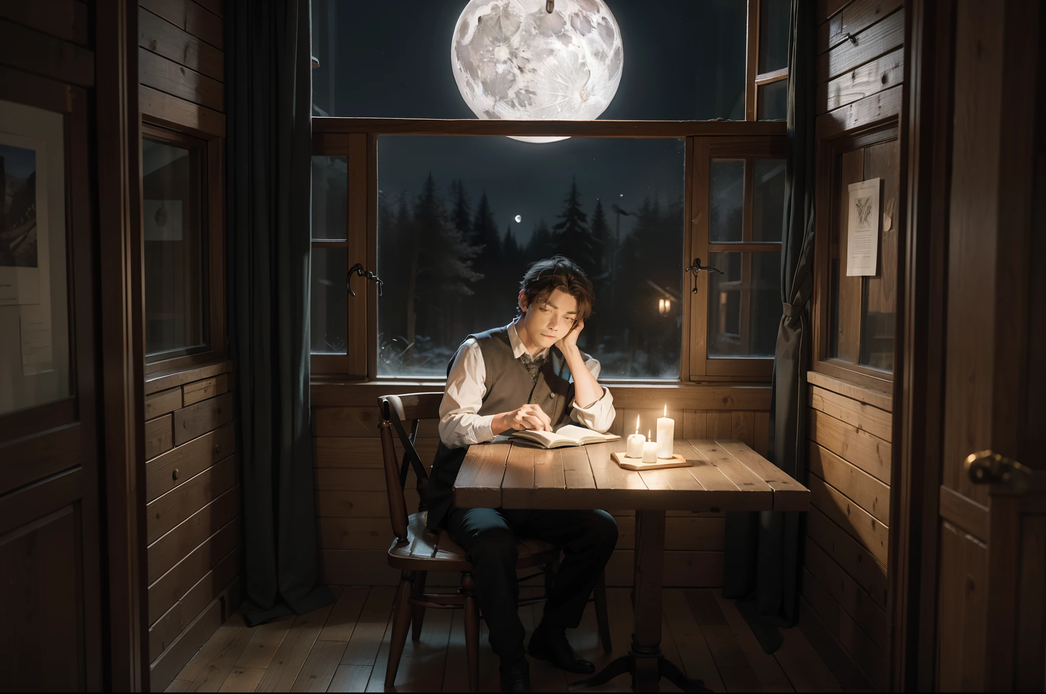 A boy in a dark wood cabin, sitting at the table, dressed with XXVIII clothing, reading a book, illuminted only by two candles. Through the window the moon is visible. Nightime. Photorealistic.