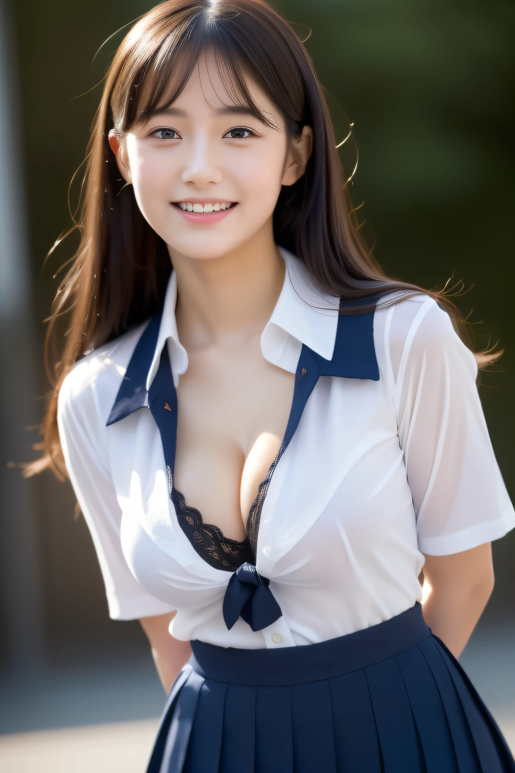(((high detal,high-detail、masterpiece,Attention to detail))),Arab-asian woman in uniform, Realistic Young Gravure Idol, a hyperrealistic schoolgirl, Japan school uniform, japanese girl school uniform, a hyperrealistic schoolgirl,Young Pretty Gravure Idol, wearing japanese school uniform, Young Sensual Gravure Idol, Young Gravure Idol, Beautiful but innocent schoolgirl when you laugh,the whole body is wet,dripped out,with a flushed face,Beautiful girl with beautiful legs,Beautiful woman natural light、the whole body is wet,Sheer clothing,Semi-long,perm,Brown shiny hair,Hair is wet,Dripping water,dripping,,Have a troubled face,large full breasts,Beautiful udder,Beautiful thighs with cleavage,Lift the skirt with both hands