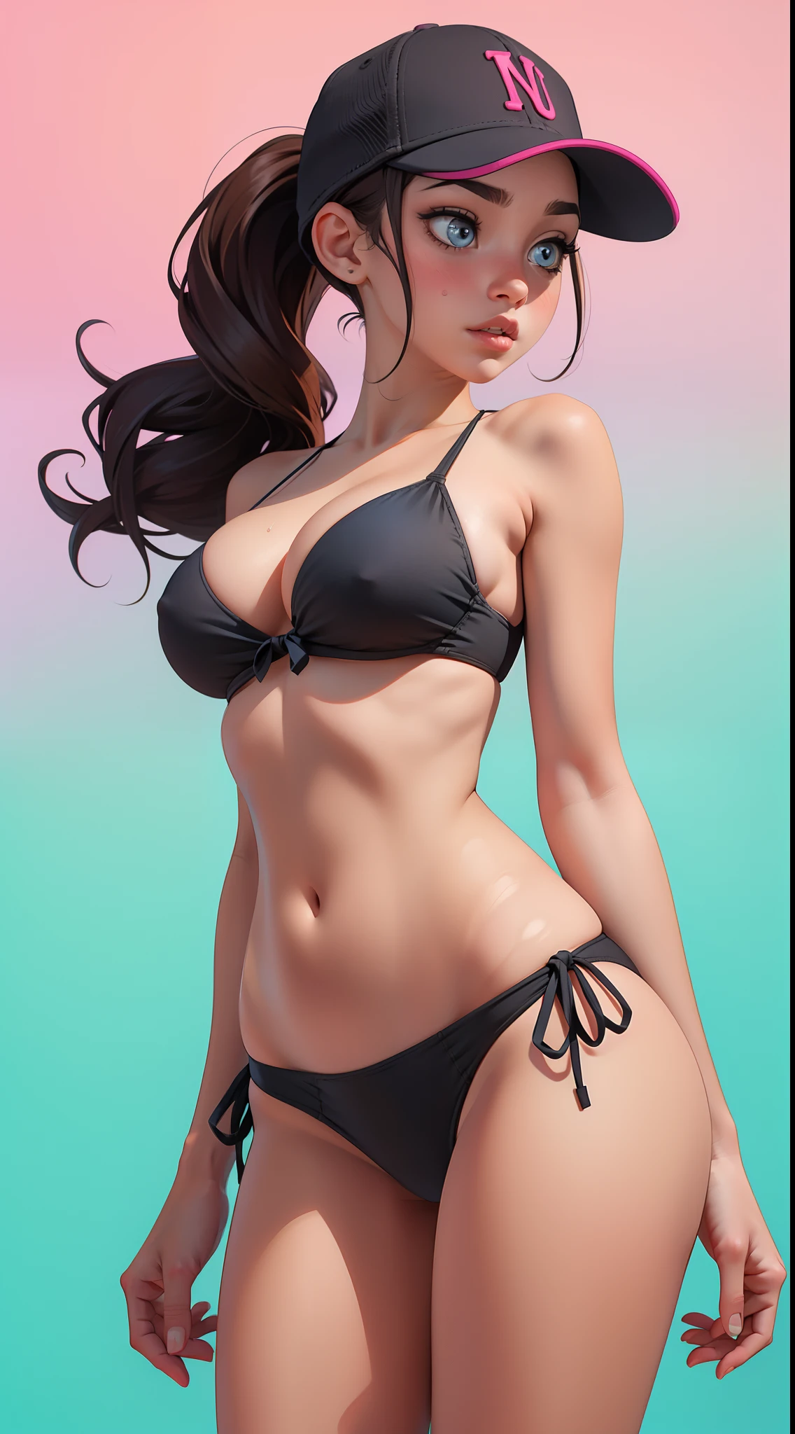 1girl ager (ebony) black_skin afroamerican ahoge baseball_cap bikini brown_hair blue_eyes blue_headwear blush big_breasts covered_ cowboy_shot gradient_background groin hair_between_eyes hair_through_headwear hands_on_own_hips toned_hips, toned_legs NY_hat long_curly_hair looking_at_viewer Huge_saggy breasts arm_support_breasts navel parted_lips partially_visible_ pink_background ponytail shrug_(clothing) side-tie_bikini_bottom solo toned_stomach sweat swimsuit thighs underboob white_bikini, stunning gorgeous, very attractive young thick girl, explicit NSFW