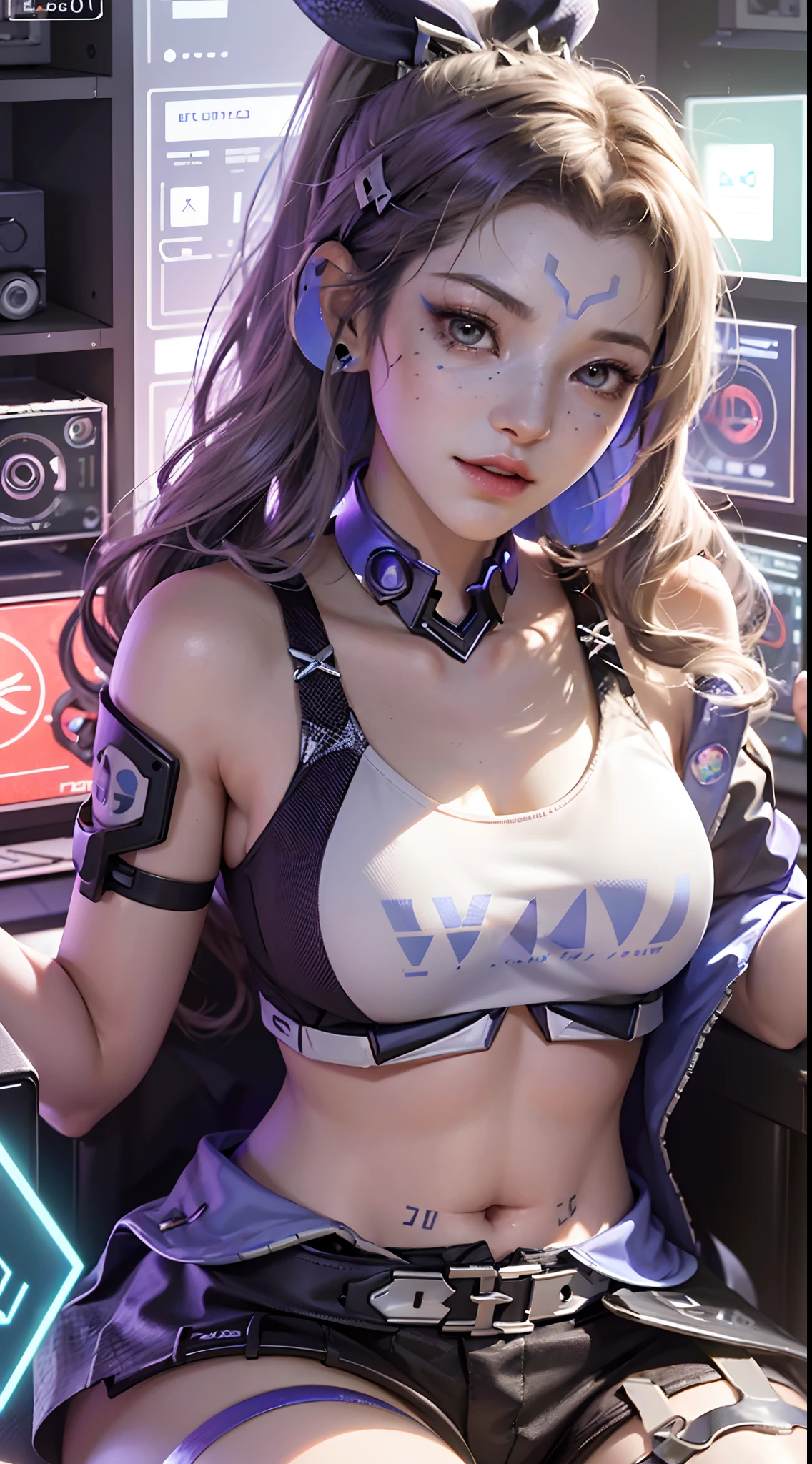 (((((7 avatar shot)))), Silver Wolf, Masterpiece, Best Quality, Ultra Detailed, Extremely Detailed 16k CG Wallpaper, Beautiful Face, (Silver Wolf in Esports Room), (Perfect Beautiful Curved Figure), Seated, Rainbow Color Jewel Eyes, Wearing Resin Hologram Sports Bra, Crop Top Drape, Mini Pleated Skirt, Bell Collar, Logo, Impotence, Contour Light, Concert, Neon Sign, Audio, Bell Collar, Esports Headset, Computer, Esports Room, Play Games, White Interior Through Red Skin, holographic projection, flat sphere, graffiti logo, highly detailed tattoo_,
Authoring information