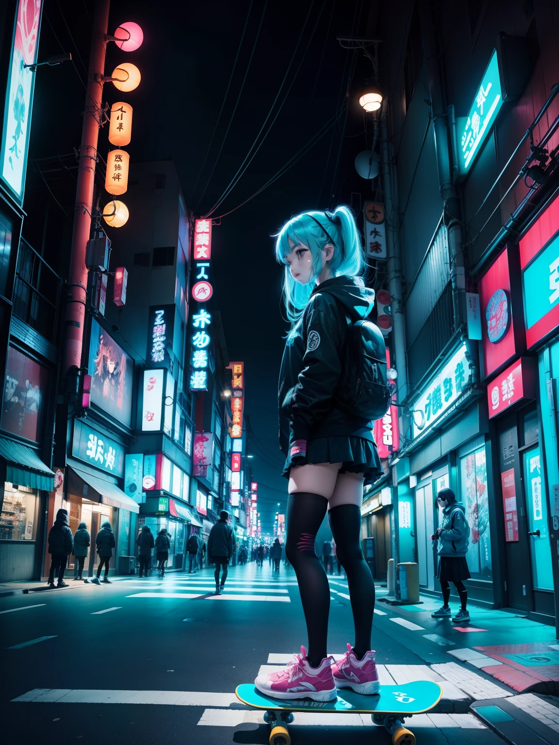 anime girl, standing on a skateboard, Tokyo, Bioluminescent
