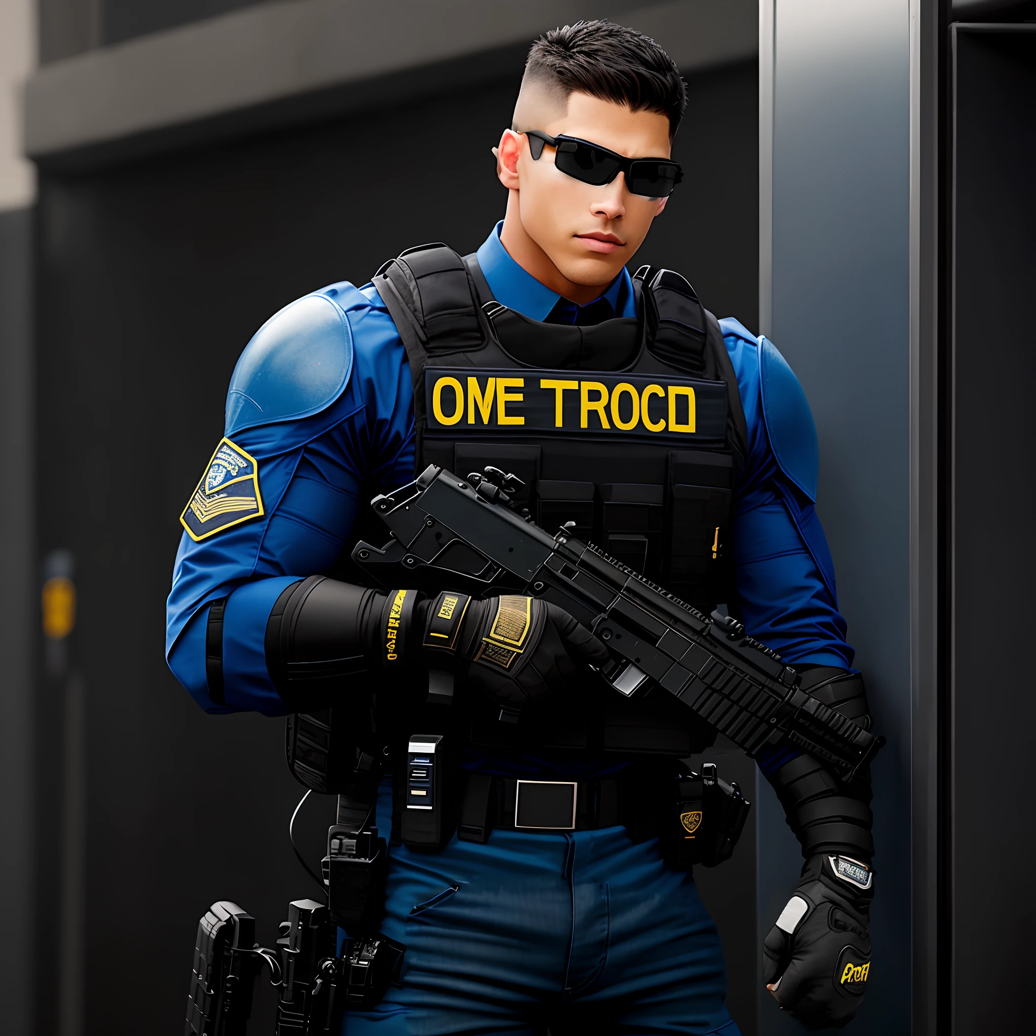 Put on tactical black sunglasses