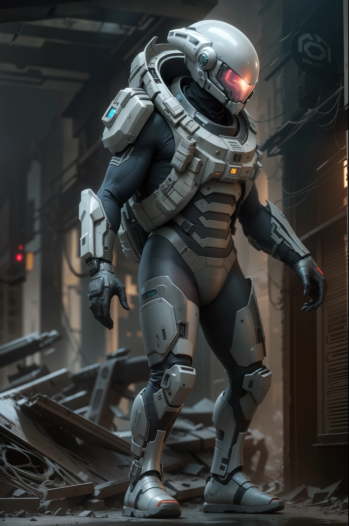 A highly technological and advanced alien soldier in an apocalyptic city