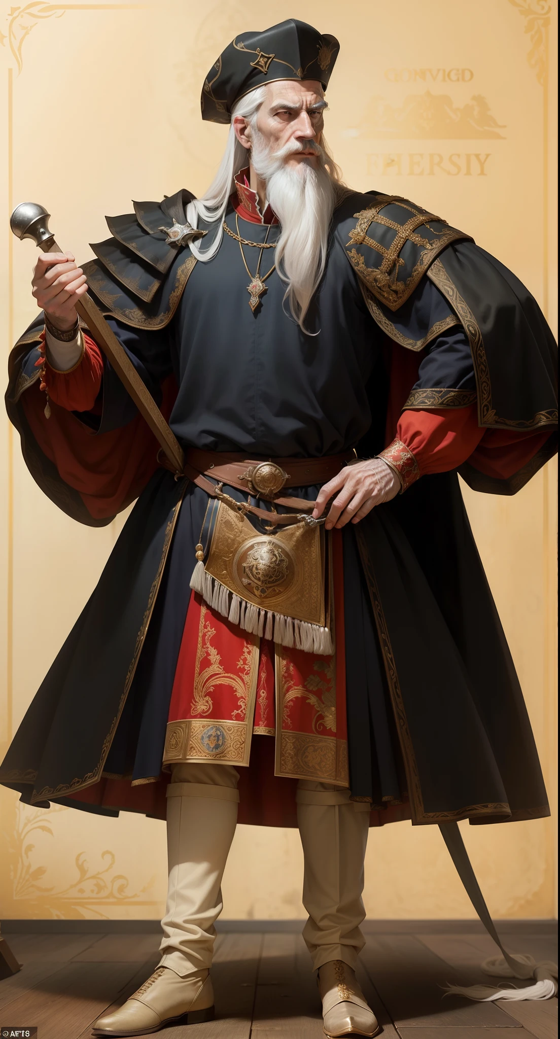 Afonso de Albuquerque, 16th century, renaissance, viceroy, governor, conquistador, Duke of Goa, rich,old, wrinkle, Magnificent white long beard, white hair, Portuguese, handsome, brutal, man, Magnificent, hero, ill-fated warlike, cunning,ambitious,decisiveness, the greatest of all the times, great, daring,energetic, neat, knowledgeable, curious, ambitious, intelligent, clever, solid, strong, powerful, realistic, loyal, ready to fight, sophisticated, majesty, Machiavellian, elegant, tough, serious, angry, fierce,supportive, diligent, obsessive, cunning, cruel, unhappy, arrogant
