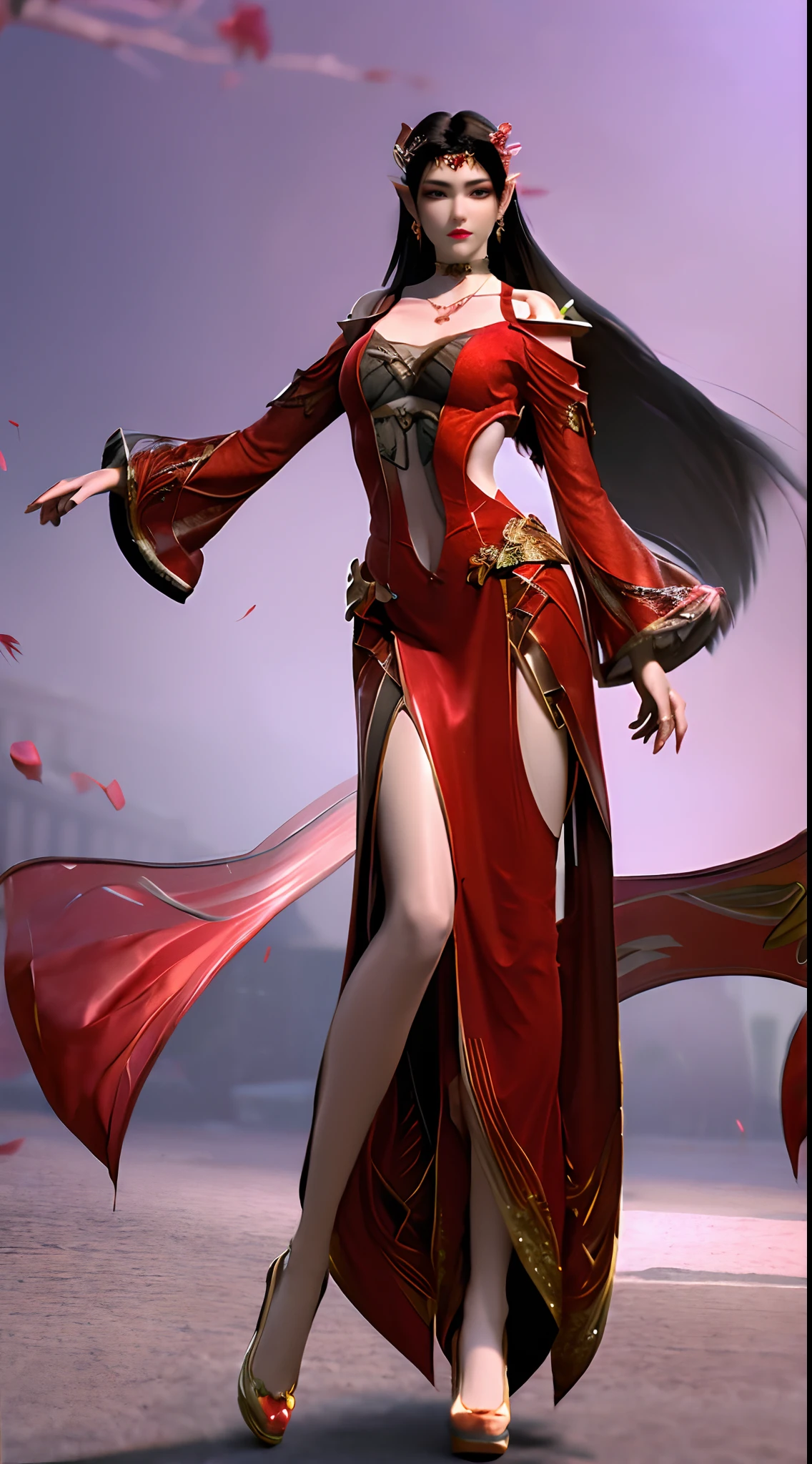 Length shot full body, woman in a red dress, long hair, beautiful alluring woman, a beautiful fantasy empress, inspired by Du Qiong, seductive tifa lockhart portrait, ((a beautiful fantasy empress)), seductive miss beautiful, glamorous, mai shiranui, lady in pink armor, tifa, (lingerie:1.2), photo realistic, upon_body, tyndall effect, photorealistic, dark studio, rim lighting, two tone lighting, (high detailed skin:1.2), 8k uhd, dslr, soft lighting, high quality, volumetric lighting, candid, Photograph, high resolution, 4k, 8k, Bokeh, breast out, (nude:0.9), (purple eyes color), (transparent armor:1.0), big breast,