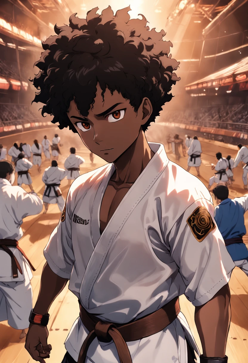 Black man with short afro hair Social red cord of Capoeira with wolf characteristics