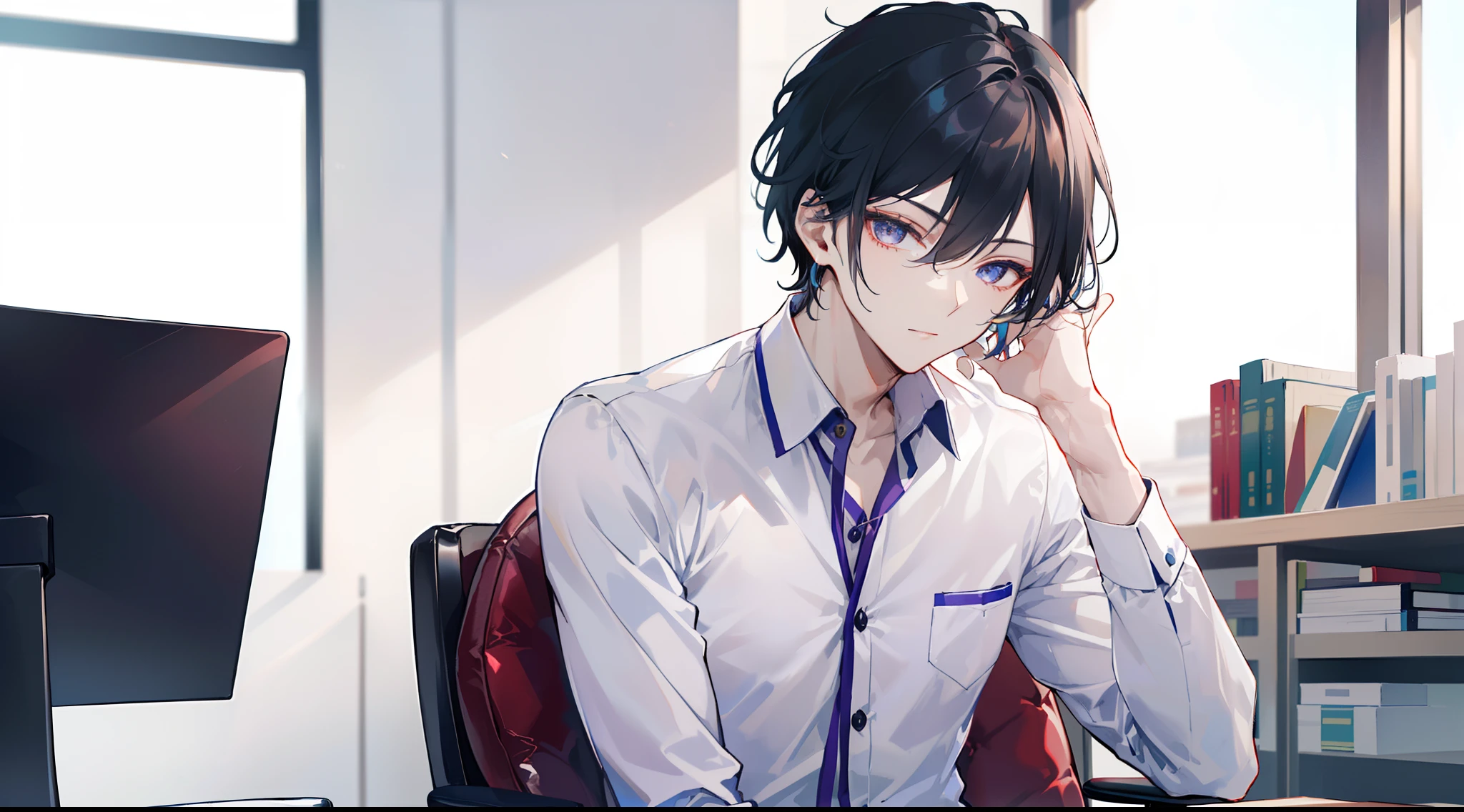 "(A man with sleek black hair dressed in a tailored office uniform, his captivating purple eyes exuding an aura of tranquility as he sits on the luxurious chair.)"