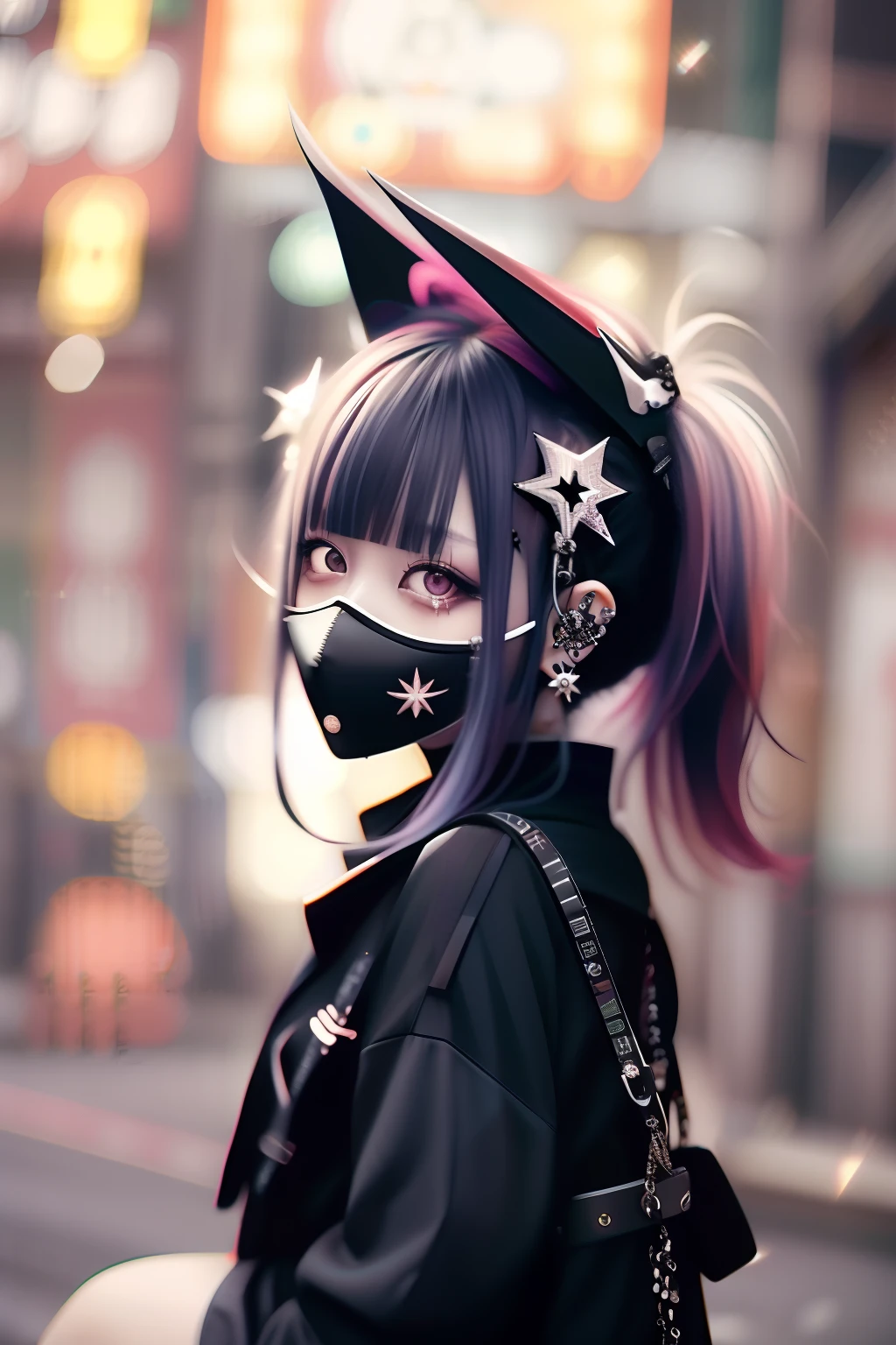 Huza、Sit up、Red、Red-haired、goth_punk, 1girl in, 独奏, medium shot, Walking in Harajuku, ((during night)), bokeh dof, Neon light, Iridescent eyes, starrysky, red glowing hair, White eyebrows, Radiant hair, (iridescent white hair), 耳Nipple Ring, bangss, jewely, masks, bluntbangs, verd s eyes, Mouth mask, blurry backround, bblurry, hair adornments, Look at viewers, shorth hair, portraitures, side locks
