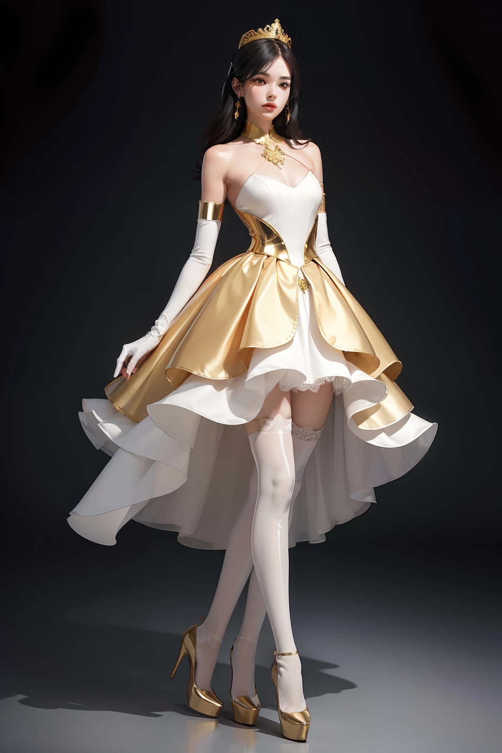 Sex Wedding Dress Women Full Body Front Depiction Patent Leather Elbow Gloves Patent Leather Knee Socks Gold Crown High Heels Neck Strap