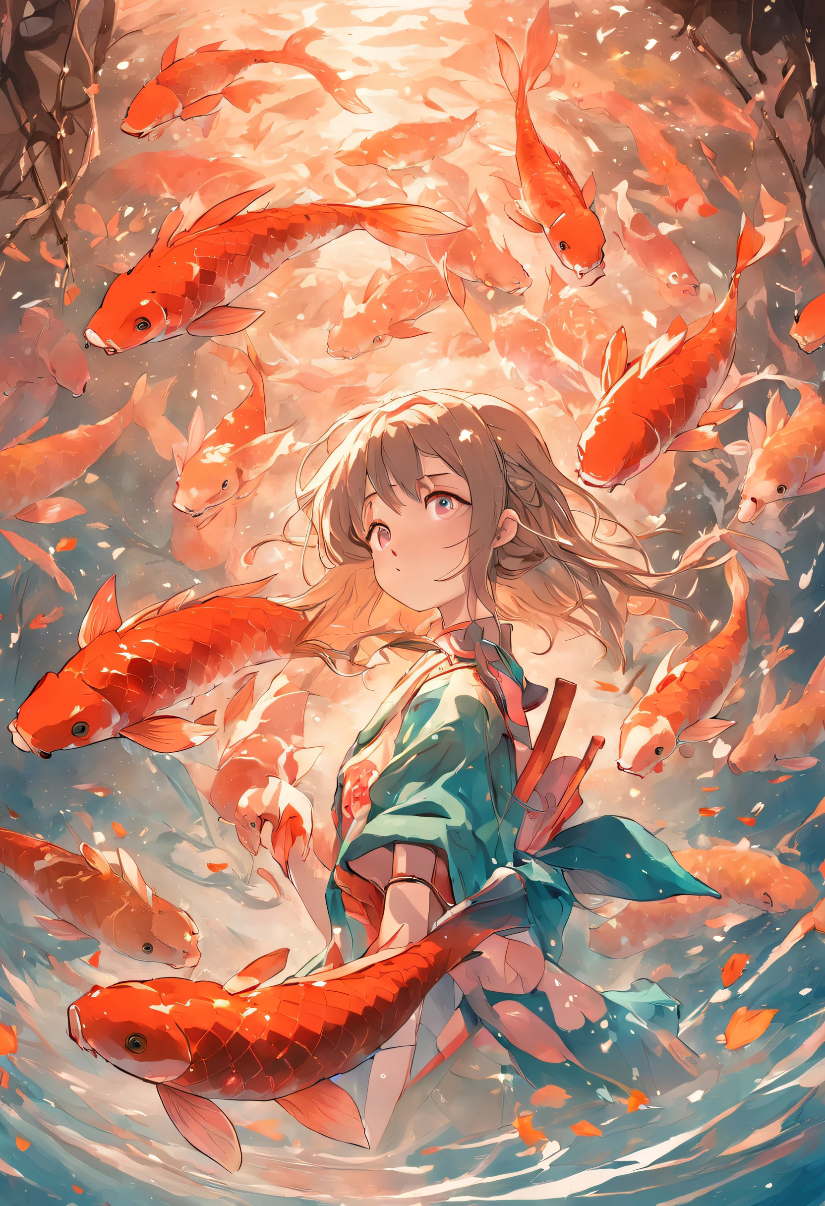 A girl holds a koi fish,Good luck written on the screen accompanies you in Chinese characters,plethora of colors,Excellent details,