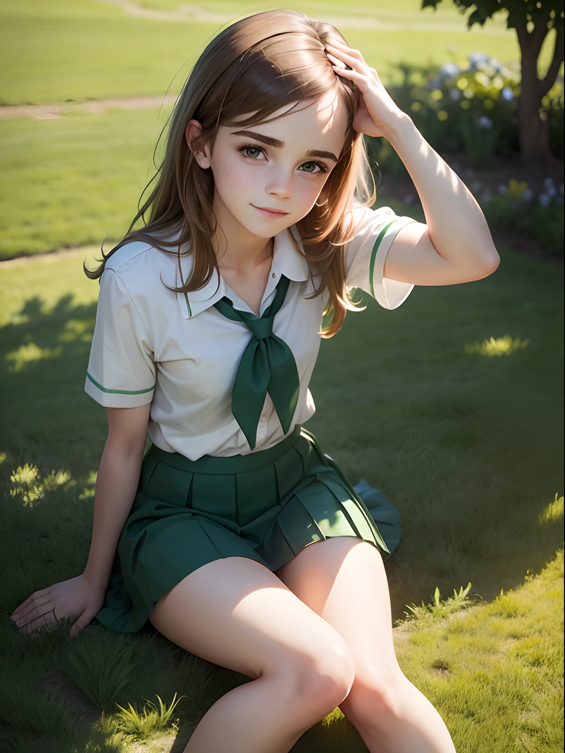 teen Emma Watson dressed in cute green school uniform, sitting on the grass in the garden, smiling