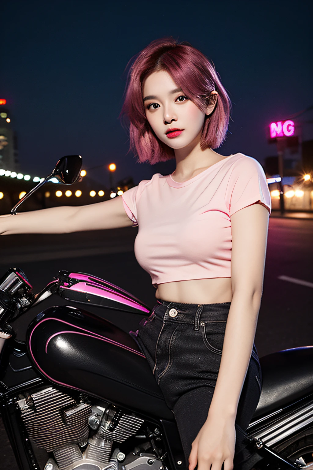 (top-quality,hyperdetailed face),((with spreading legs:1.2)),detailed legs,(huge tit:1.2),white t-shirts,wearing black trousers,Shortcut Hair,A pink-haired,Riding a motorcycle,nighttime scene