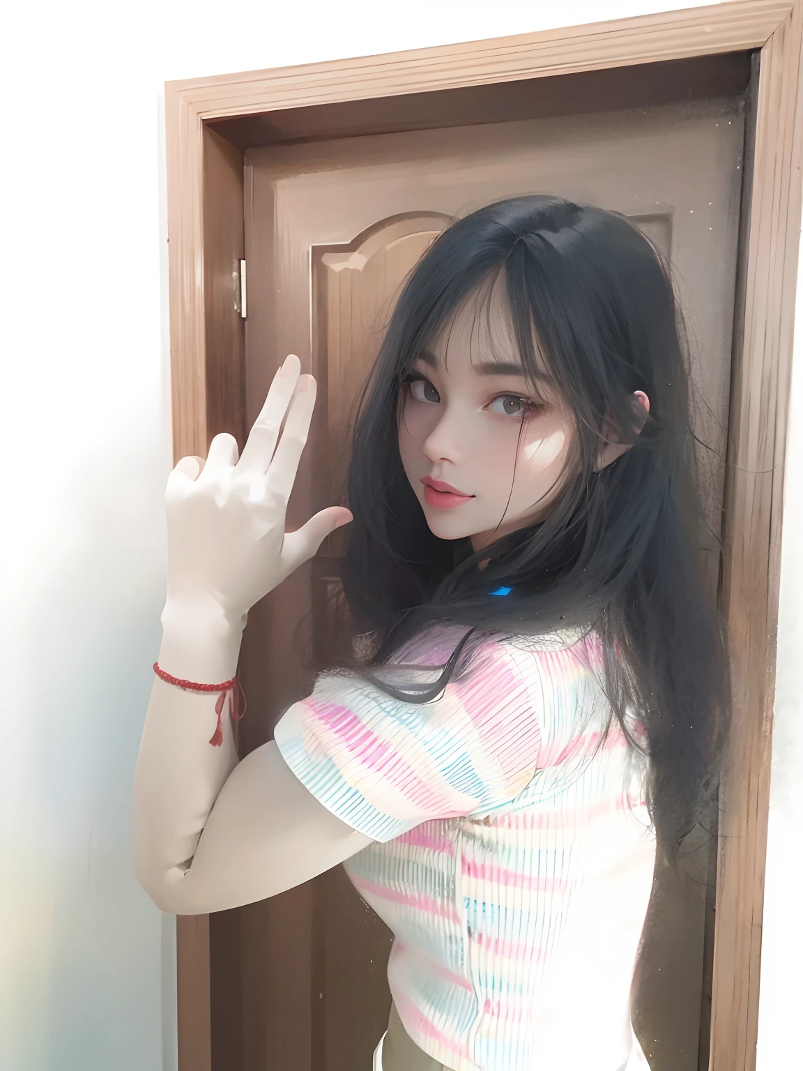 There was a woman standing in front of the door with her hands raised, Ruan cute vtuber, with index finger, ulzzangs, With long hair, dang my linh, Asian girl with long hair, chiho, Anime Thai girl, wave a hand at the camera, young and cute girl, 👅 👅, 18 years old, Korean girl