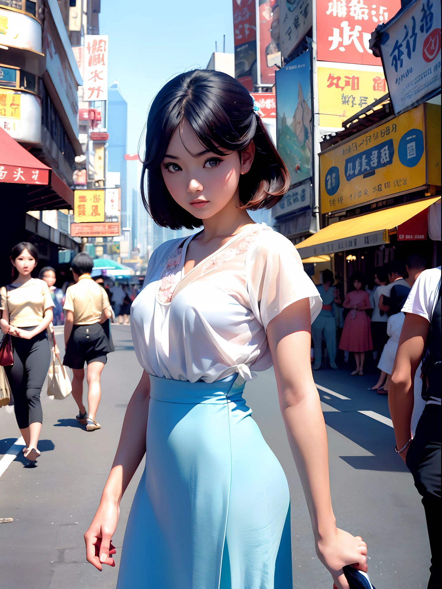 (masterpiece), (best quality), (ultra-detailed), Ultra detailed masterpiece best quality,, a summer day in Hong Kong 1960s, a young Hong Kong girl wearing 1960s summer dress, standing in the middle of a busy 1960s Causeway Bay street, perspective central compressed composition, by Miho Hirano and Kawacy and William-Adolphe Bouguereau, nostalgic, ethereal, extremely colorful, 1960s film, trending on artstation, sharp focus, studio photo, intricate details, highly detailed, by greg rutkowski