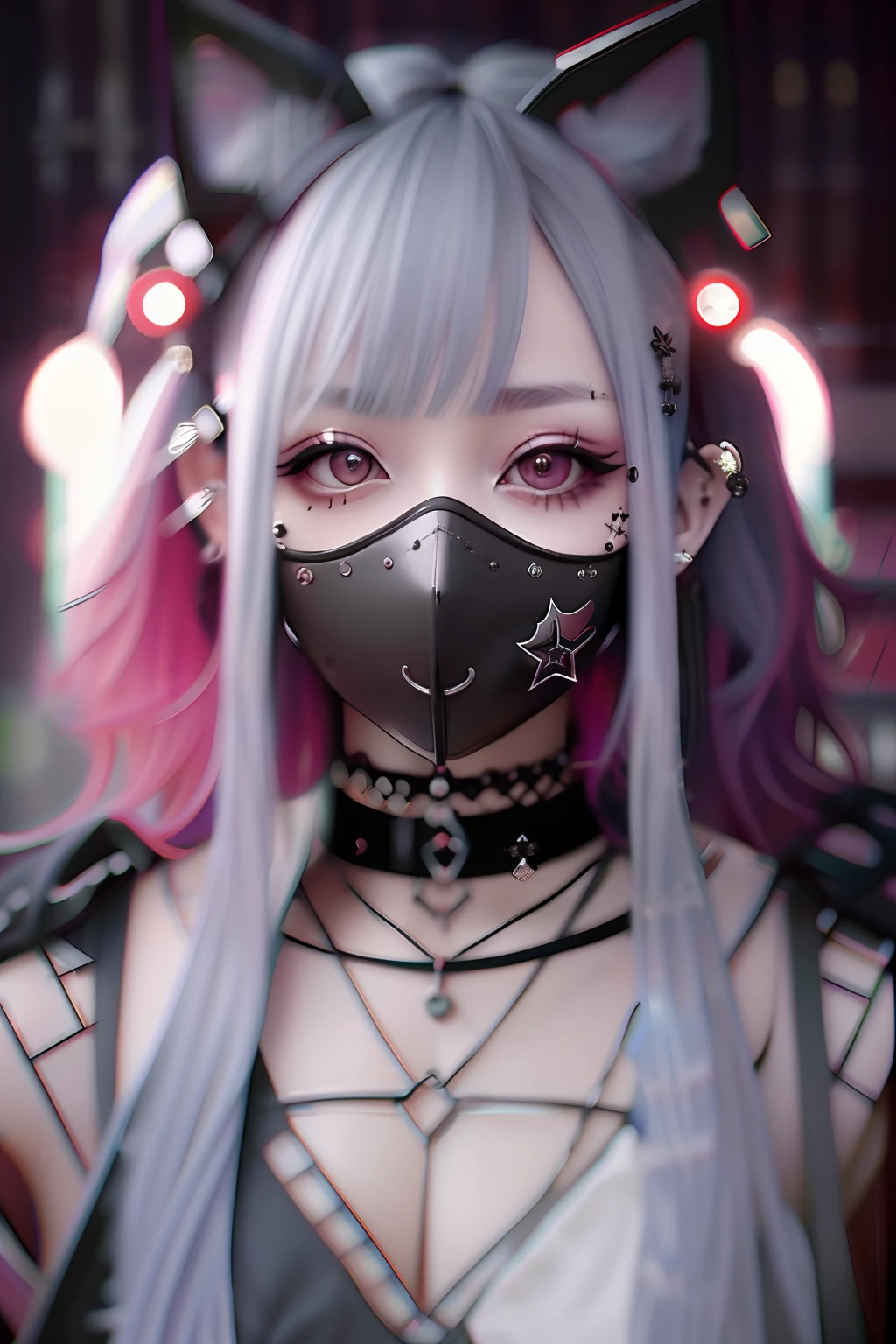 Pink hair、goth_punk, 1girl in, 独奏, medium shot, Walking in Harajuku, ((during night)), bokeh dof, neon light, iridescent eyes, starrysky, White sparkling hair, White eyebrows, Radiant hair, (iridescent white hair), 耳Nipple Ring, bangss, jewely, masks, bluntbangs, verd s eyes, Mouth mask, blurry backround, bblurry, hair adornments, Look at viewers, shorth hair, portraitures, side locks