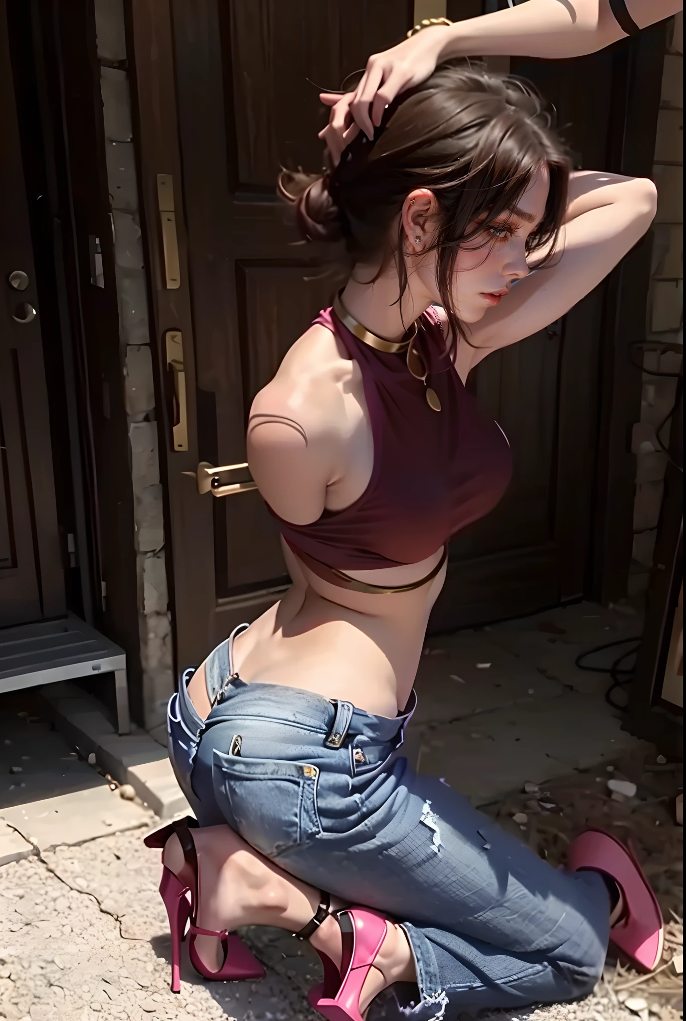 (best qualtiy),(solo person++),((Kneeling pose,Point at you with your ass+))mature,denim pant,Pink the bikini,(Female captive+),Flirtatious,low head,Brown hair long,huge tit,Fragrant shoulders,high-heels,(binding),(execute+)(Women cut off their heads),(anvil,behead+),Decapitation ceremony,jewelry,Normal posture,Normal posture