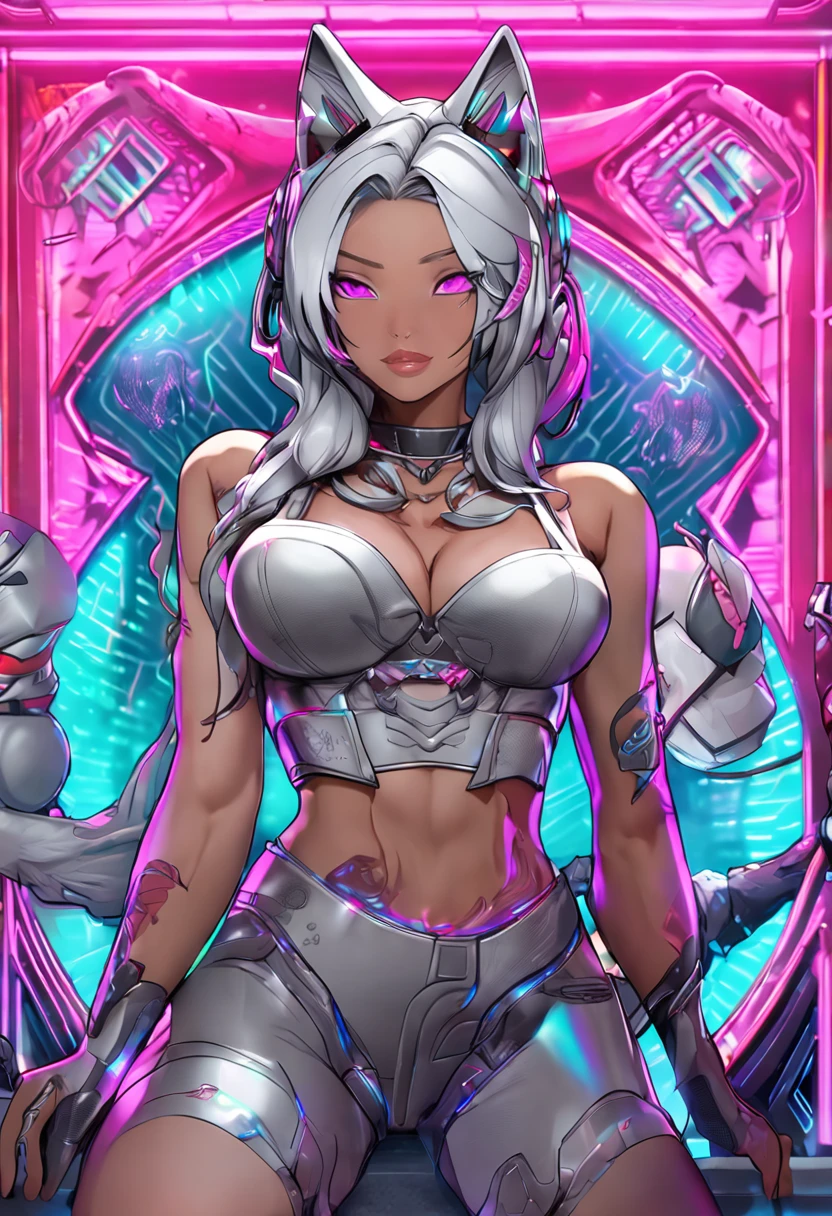 Silver Wolf, Masterpiece, Best quality, Ultra detailed, Extremely detailed 16k CG wallpaper, Beautiful face, (Silver Wolf in Esports Room), (Perfect Beautiful Curved Figure), Seated, Rainbow Color Jewel Eyes, Wearing Resin Hologram Sports Bra, Crop Top Drape, Mini pleated skirt, Bell collar, logo, impotence, Contour light, Concert, neon lights sign, Audio, Bell collar, Esports Headset, Computer, Esports Room, Play games, White interior through red skin, holographic projections, Flat sphere, Graffiti logo, highly detailed tattoo_,