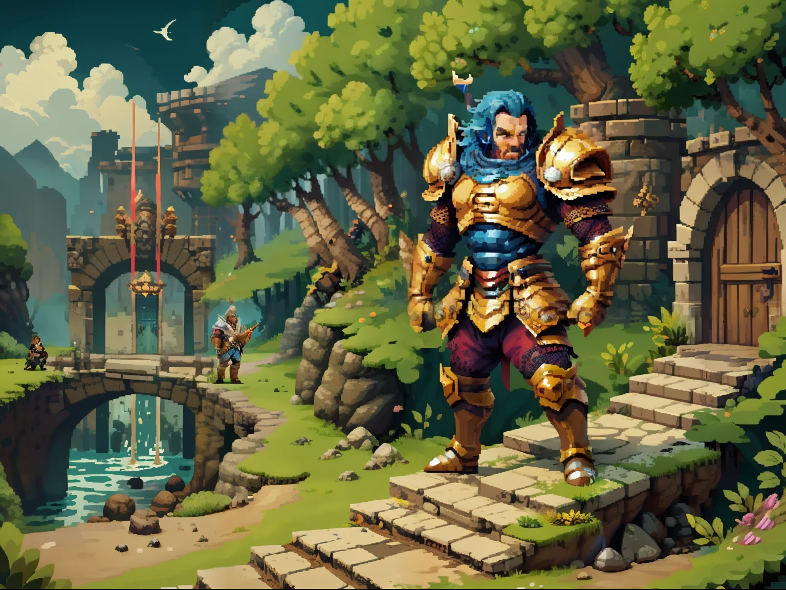Horizontal pixel games,(Pixel art:1.4),Q version《dungeons and dragons》,borgar,warrior,Armor,The tree,Wagas,Steps,Monsters,Wasteland,drak,((best qualtiy)),super-fine,8K,A detailed,acurate