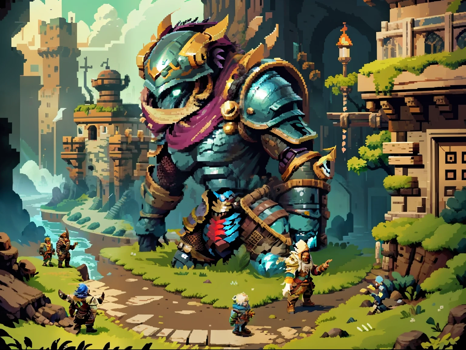 Horizontal pixel games,(Pixel art:1.4),Q version《dungeons and dragons》,borgar,warrior,Armor,The tree,Wagas,Steps,Monsters,Wasteland,drak,((best qualtiy)),super-fine,8K,A detailed,acurate