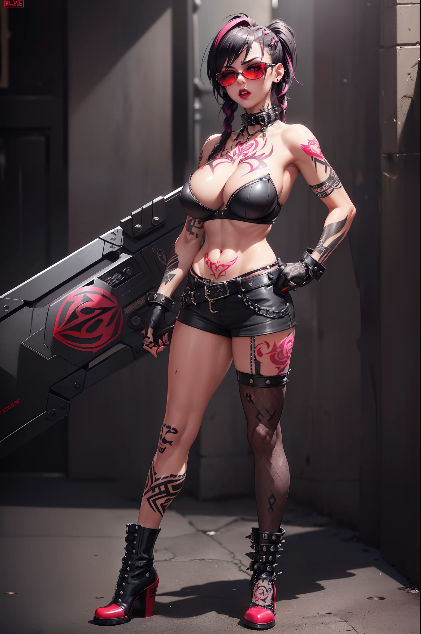 Full-body photo, fully clothed, (tiny petite short arrogant aggressive europ punk girl:1.4), (detailed face:1.4), (deep cleavage), (big fake silikon breasts:1.4), (punk hair), (facial tattoo), (tattooed face:1.4), (tattoos:1.4), bdsm slave collar, (transparent fishnet clothes), (sunglasses), (narrow waist), (studded gloves), red lipstick, red boots.