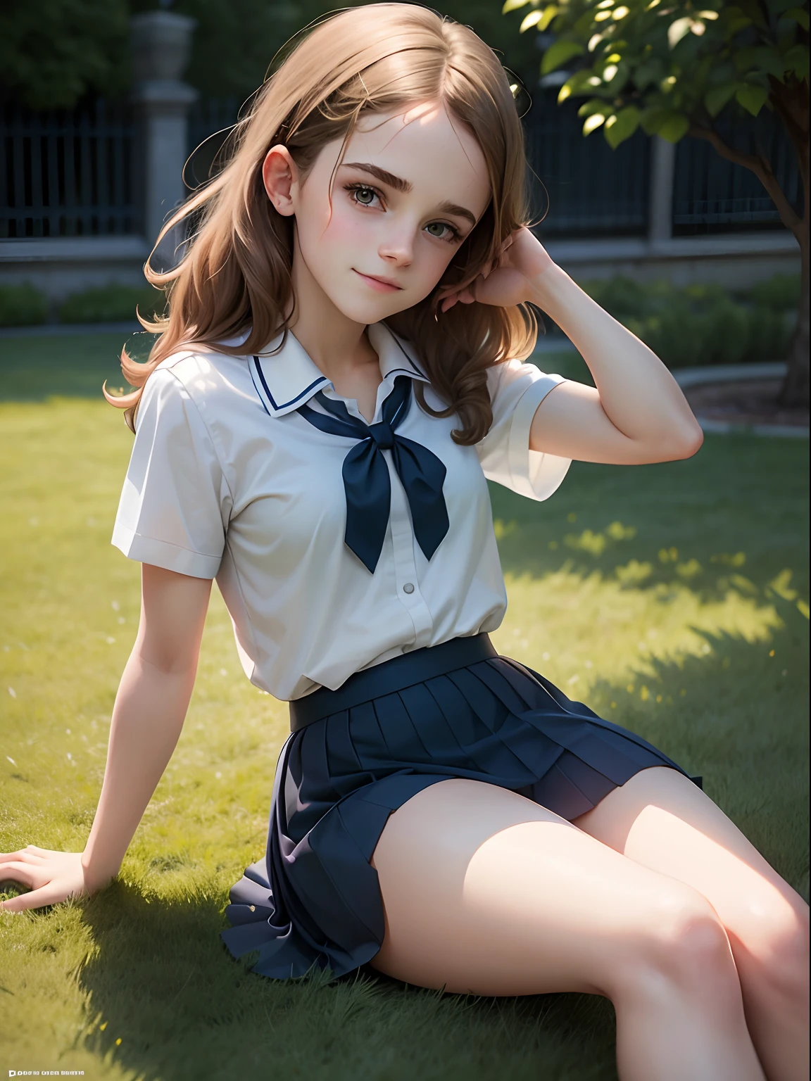 teen Emma Watson dressed in cute school uniform, navy blue pleated skirt, white blouse, green striped tie, sitting on the grass in the garden, smiling