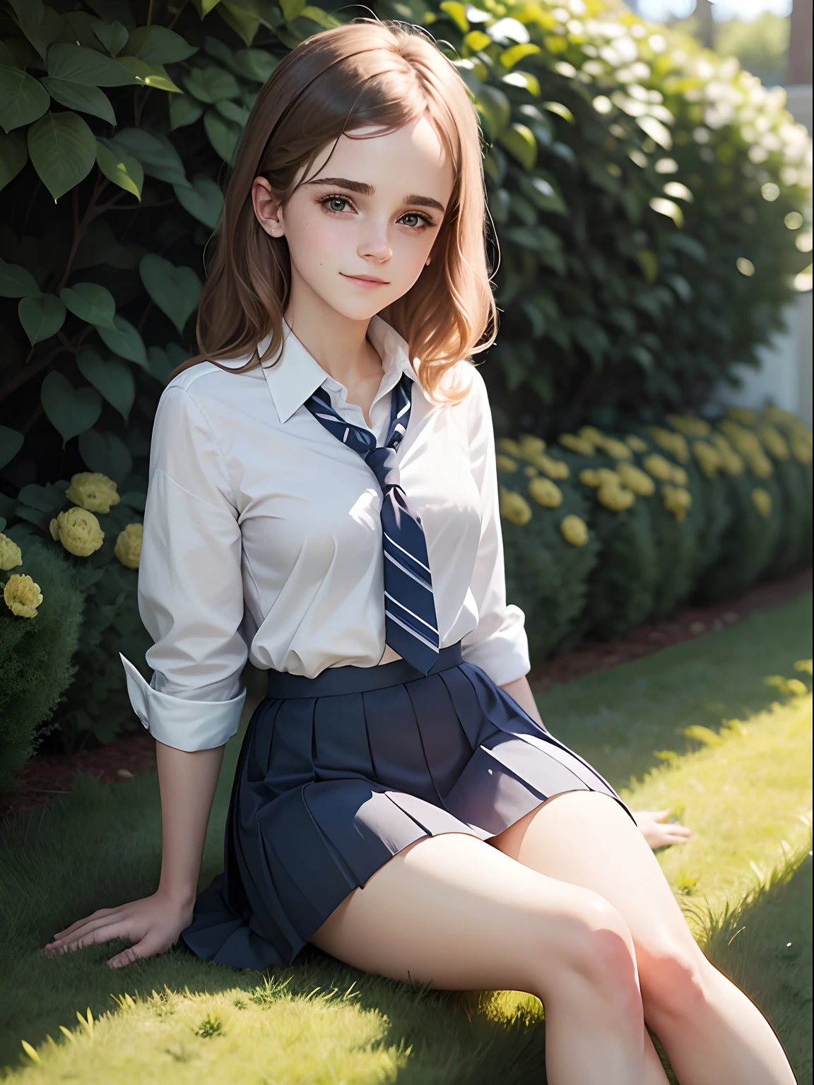 teen Emma Watson dressed in cute school uniform, navy blue pleated skirt, white blouse, green striped tie, sitting on the grass in the garden, smiling