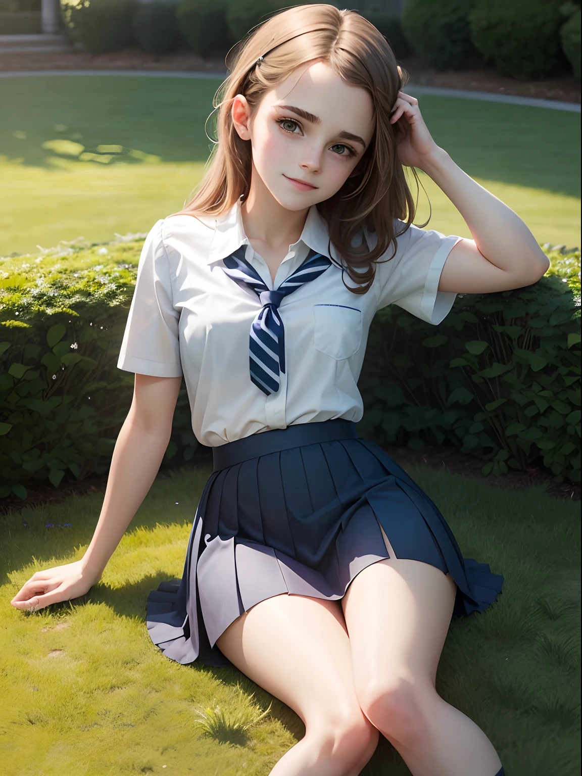 Photorealistic, very high res, Soft light,1womanl, Solo, Hips up，(Detailed face), Long hair, lying on the grass ground, look from down,spread their legs，Show panties, See panties, secretary_uniform, black micro skirt