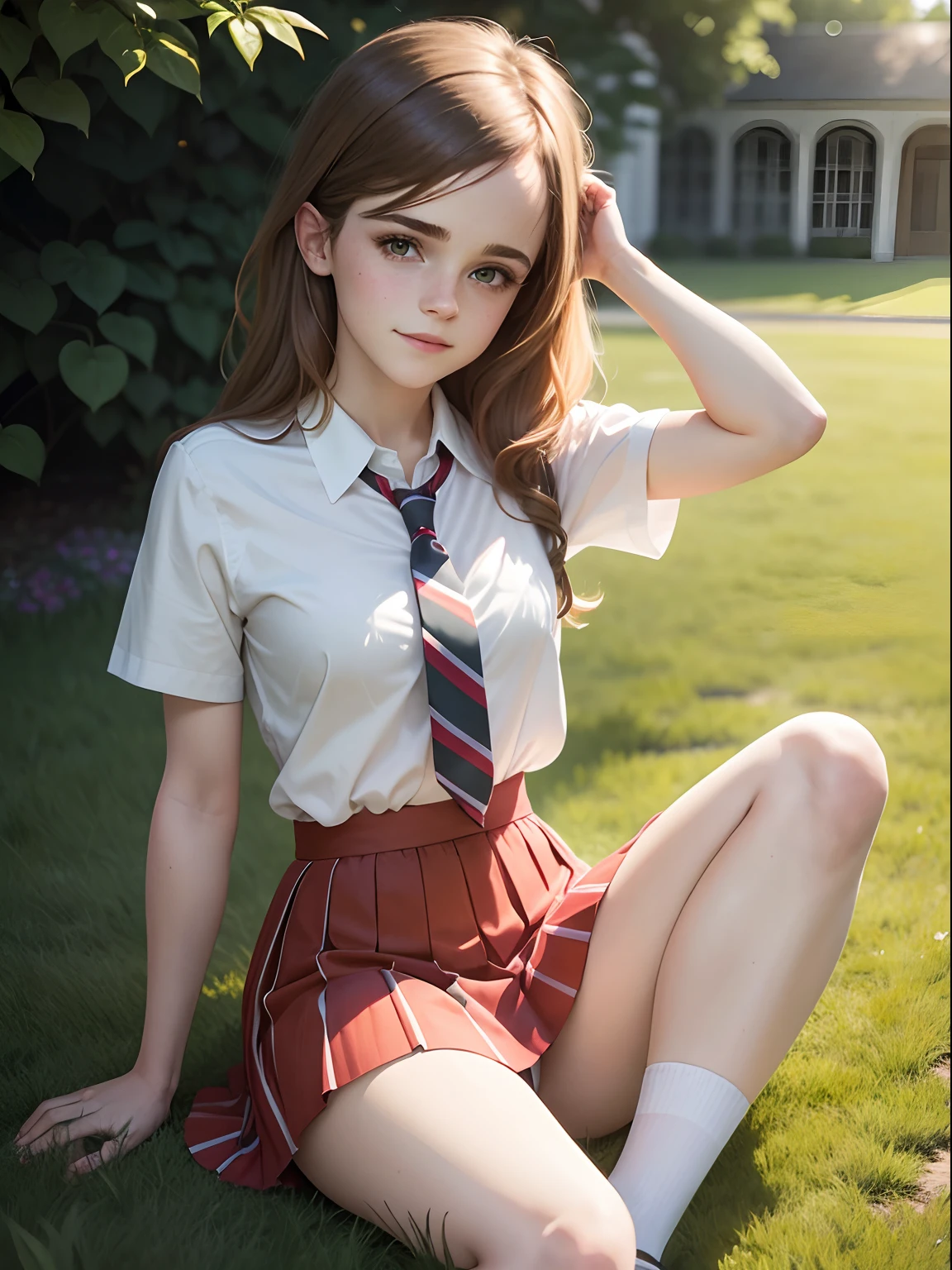 Emma Watson dressed in cute red sailor uniform, white ankle socks, classroom