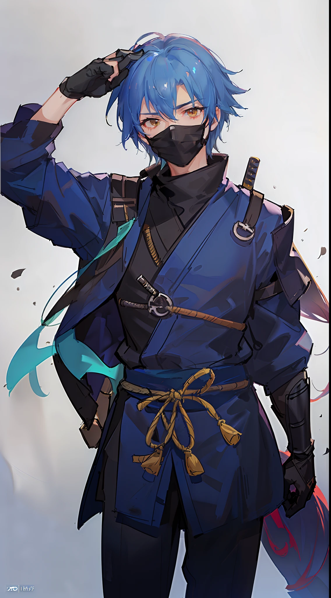 Grown-up guy, ninja, Blue Shinobi Uniform, Brown eyes, mask, Masterpiece, hiquality