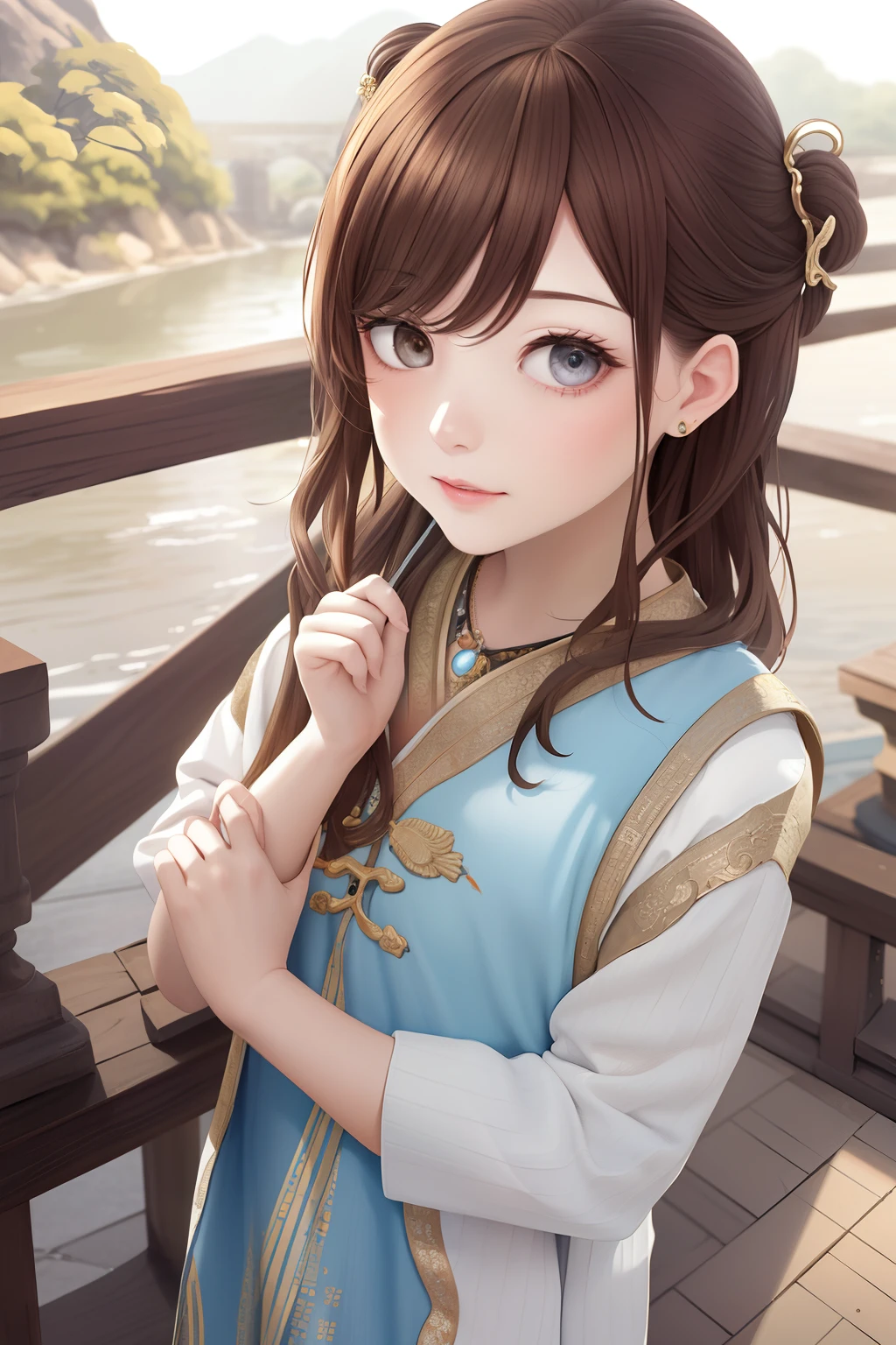 Upper body,oil painted,tmasterpiece,Need,A high resolution,Brown hair long,Jewelry hairpins,riverside and rock or temple or bridge,Extremely obedient,Ingots(song dynasty,Song suit:1.3),