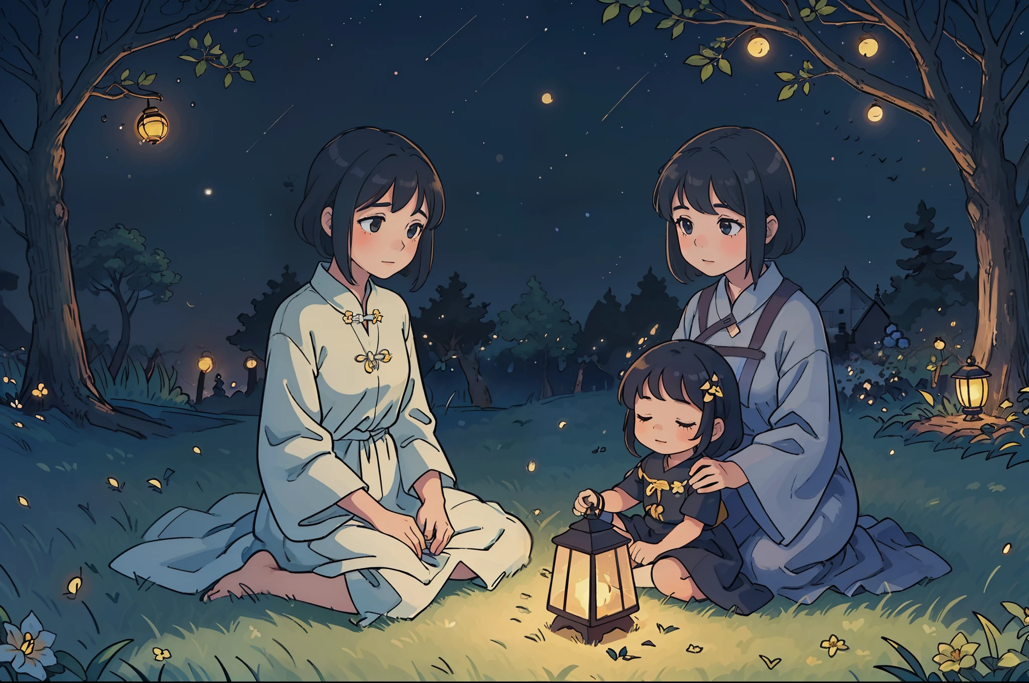 A little girl and her mother sitting together on the grass, under a tree, looking at the starry night, a big dog sleeping. Flowery garden with some antique Chinese lamps. Crescent moon on the sky, some cirrus clouds. Summer night. Tranquility. Swarm of Fireflies. Highly detailed. Very softly illuminated by lamps and fireflies.