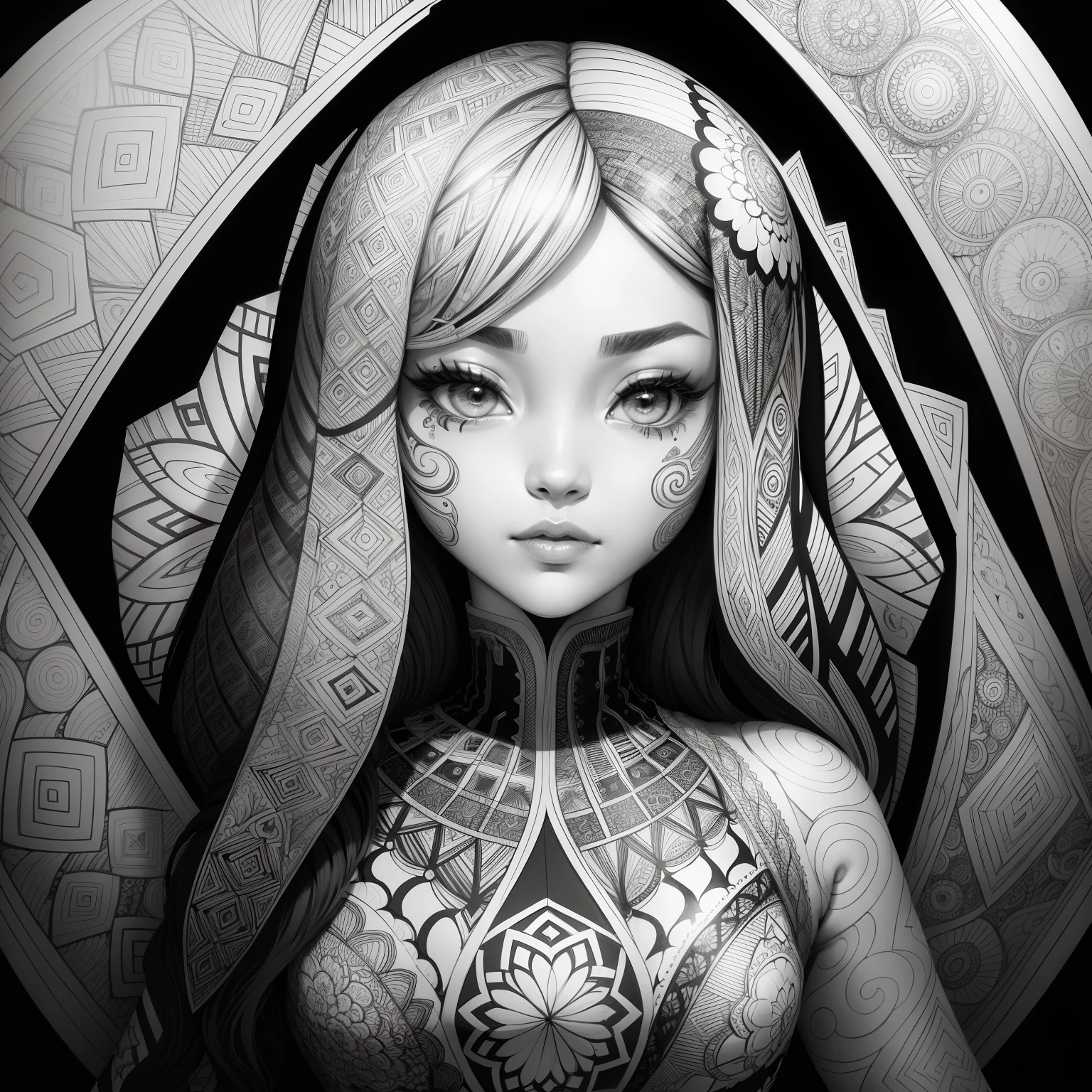 Zentangle, coloring book illustratio, black and white, fine line art, fine line drawing (brains), Eduardo Kobra acolchoamento ,multidimensional geometric PORTRAIT wall, arte, chibi,
yang08k, lindo, colorido, obras-primas, qualidade superior, melhor qualidade, arte oficial, beautiful and aesthetic,