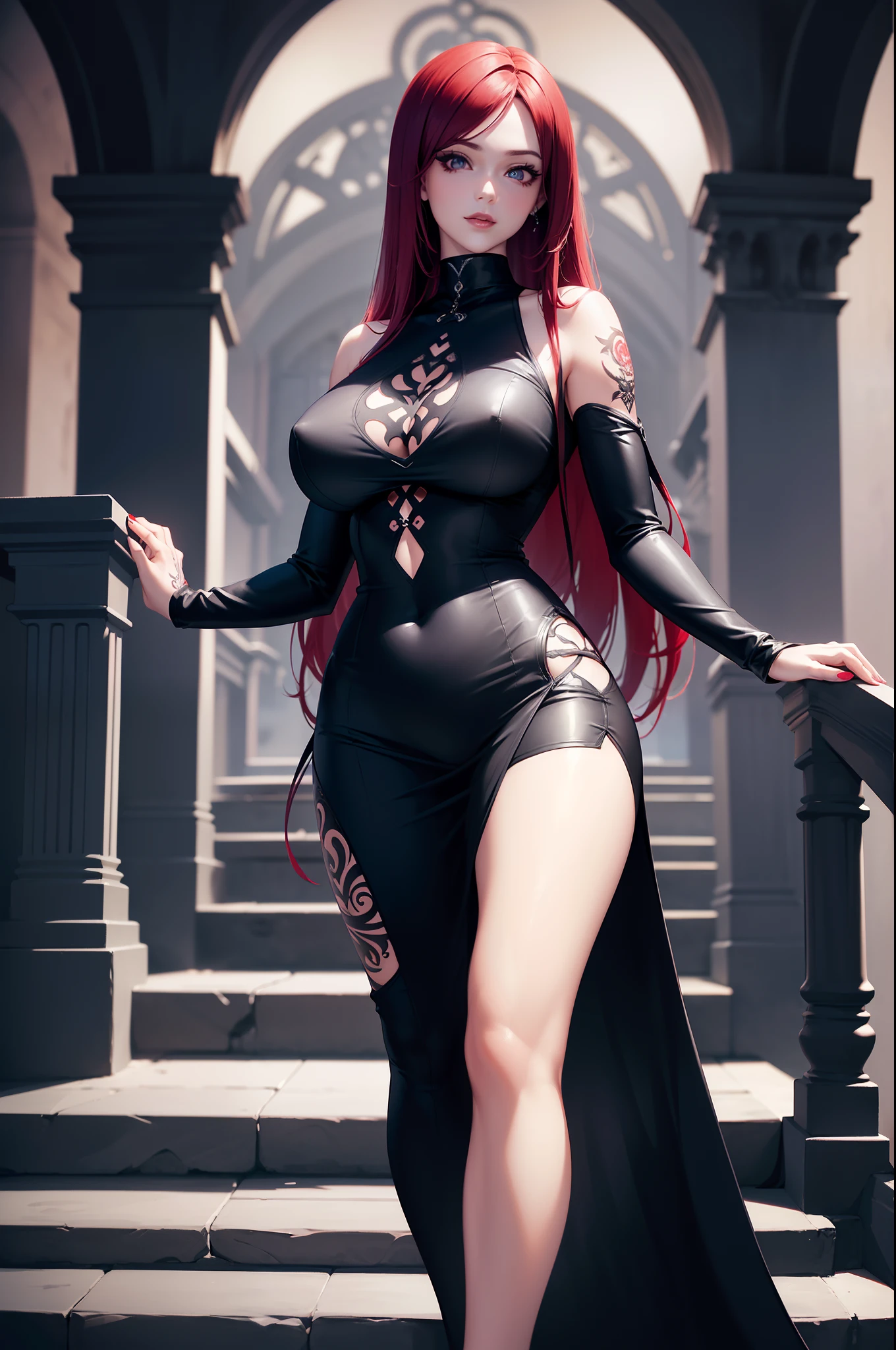 Full body, (tattooed girl legs), (sexy tatto), (sexy tight red long dress), red head, (gothic), very tight clothes, (busty 25yo pale goth girl walking up stairs in a giant mansion and looking back over her shoulder at camera), view from below, (upskirt view), (very big perfect round ass), (no underwear), (seductive look), masterpiece, high quality, super resolution, (detailed face and eyes:1.2), seductive smile, (detailed realistic nose), long hair, natural beauty, (perfect long legs).