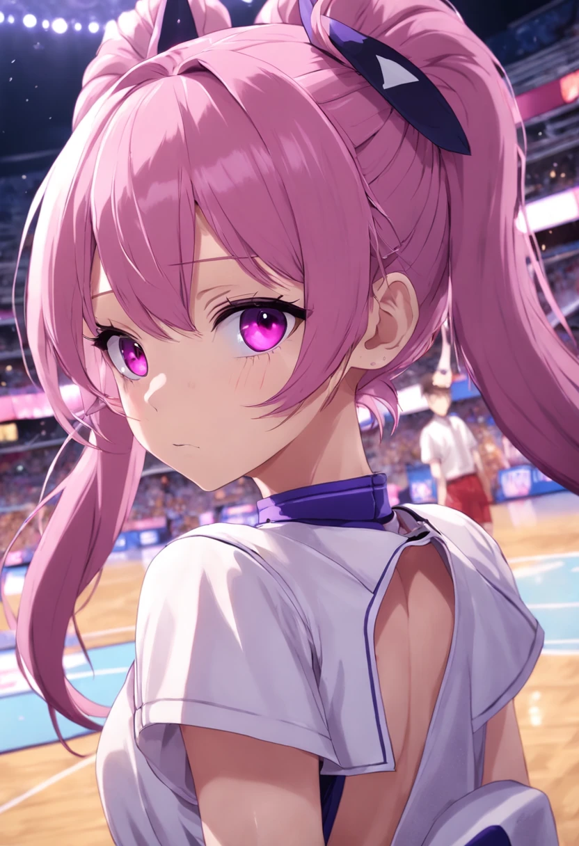 Pretty girl anime pictures,Wearing a white jersey,Double screw bun,Purple double ponytail,Fuchsia diamond-shaped pupil,Low-handed layups,Under the basket,4k