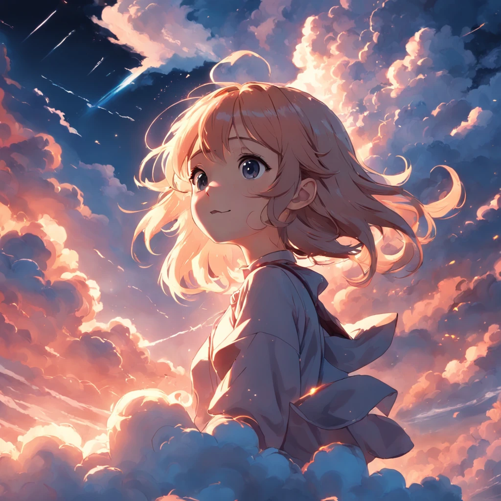 masterpiece, best quality, movie still, 1girl, cloud girl, floating in the sky, close-up, bright, happy, warm soft lighting, sunset, (sparks:0.7)